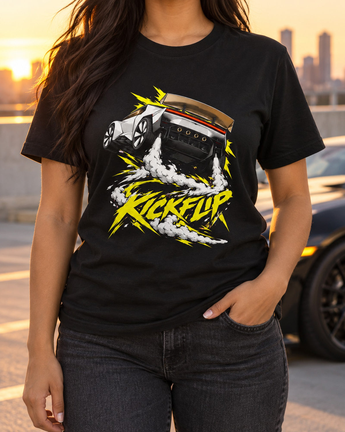 Tesla Roadster Kickflip Shirt, Hoodie & More T-Shirt Black worn hero