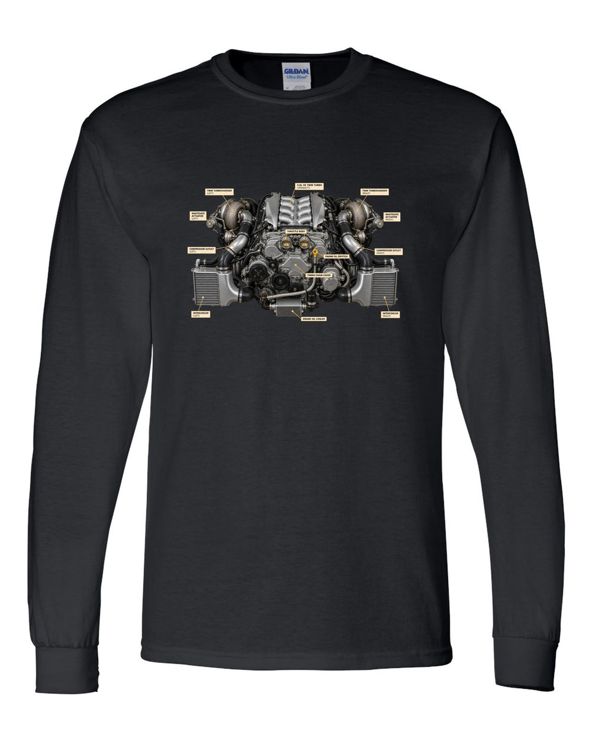Nissan GT-R R35 2009 Premium dimension blueprint with engine text black long sleeve front view with the design