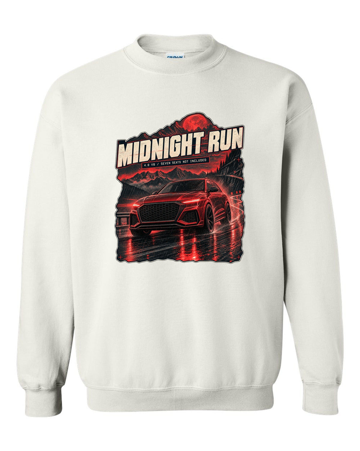 Audi RS Q8 night street scene print with midnight run text white crewneck front view with the design