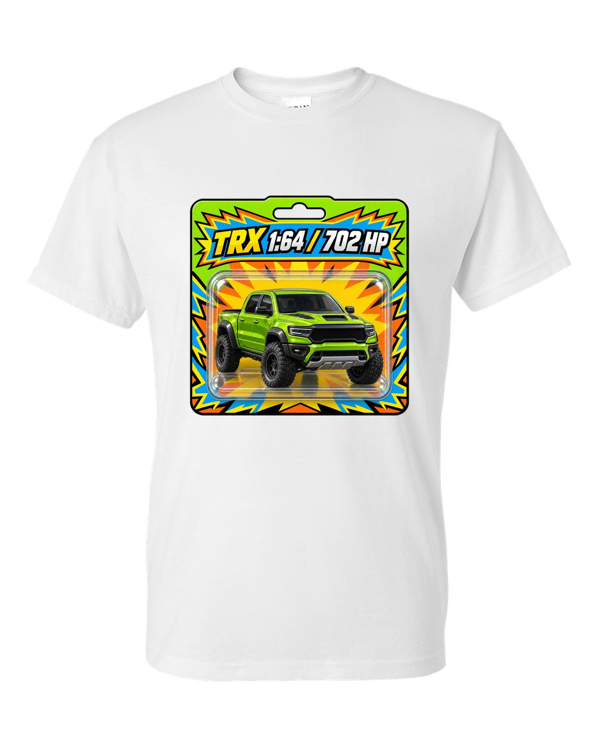 print of a 1:64 toy blister card featuring the Ram 1500 TRX with 702 HP white t-shirt front view with the design
