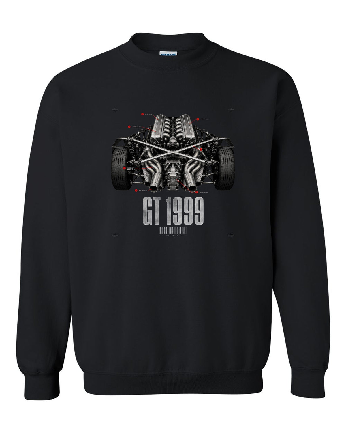 Engine hero print of a Lamborghini Diablo GT 6.0 V12 with 80 built text black crewneck front view with the design