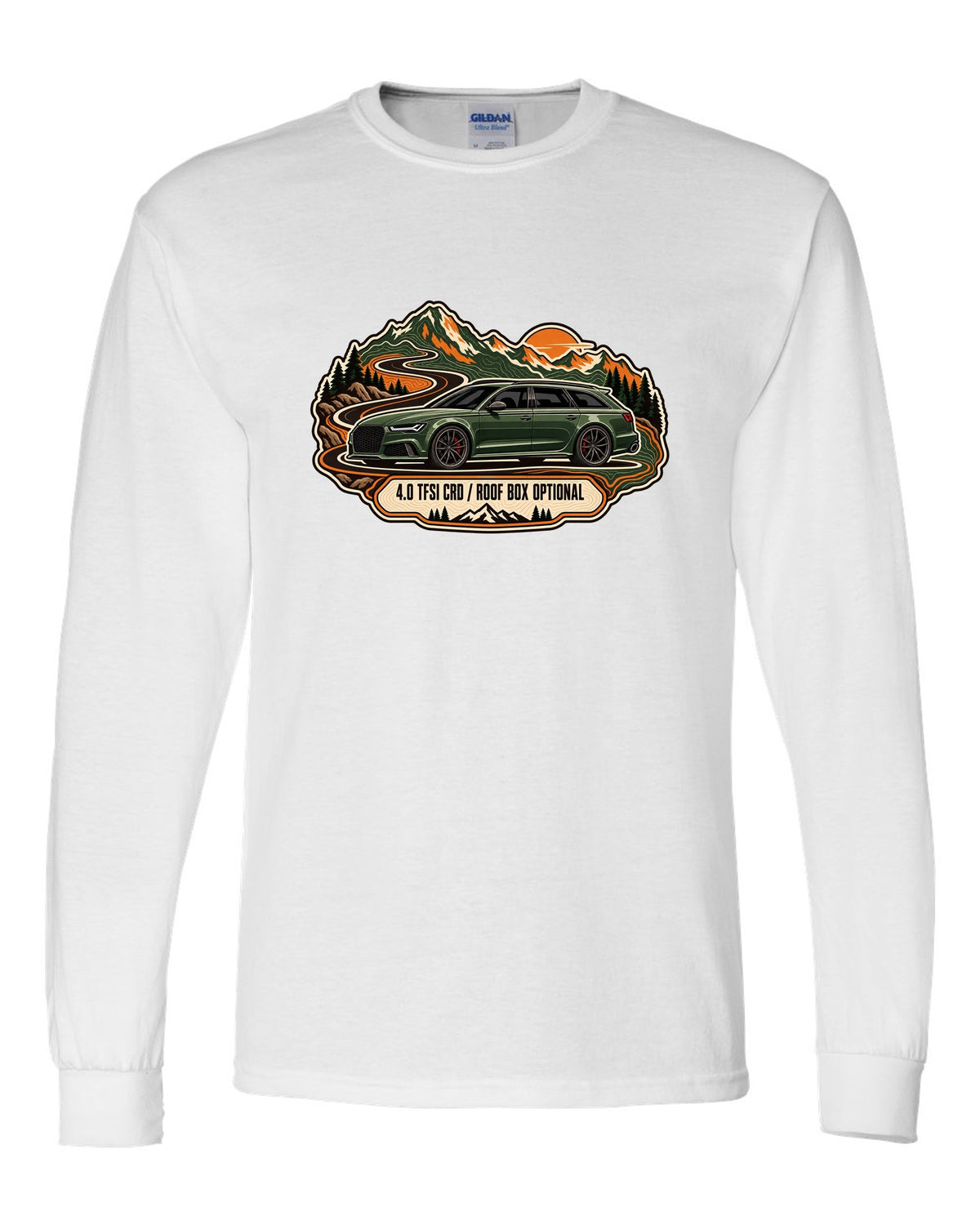 Topographic route map design of the Audi RS6 Avant C7 4G with 4.0 TFSI and roof box optional lettering white long sleeve front view with the design