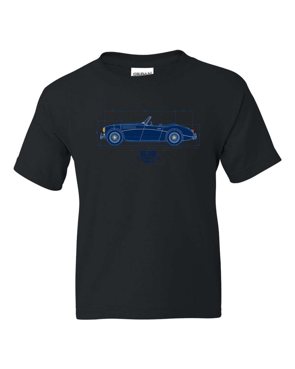 Blueprint line art of a 1964 Austin-Healey 3000 Mk III BJ8 with C-Series 2.9 lettering black kids tee front view with the design