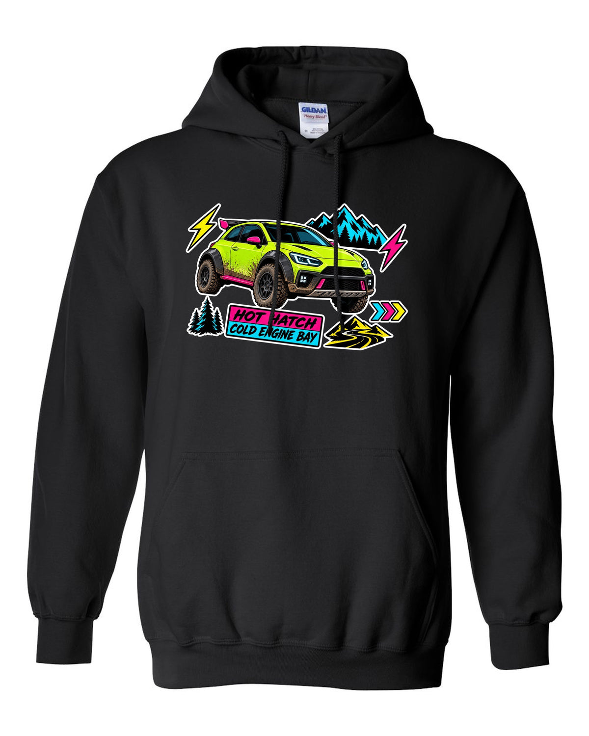 Rivian R3X die-cut slap sticker collage print with the text hot ch cold engine bay black pull over hoodie front view with the design
