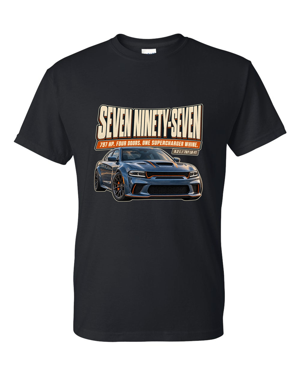 Dodge Charger SRT Hellcat Redeye Widebody editorial headline print black t-shirt front view with the design