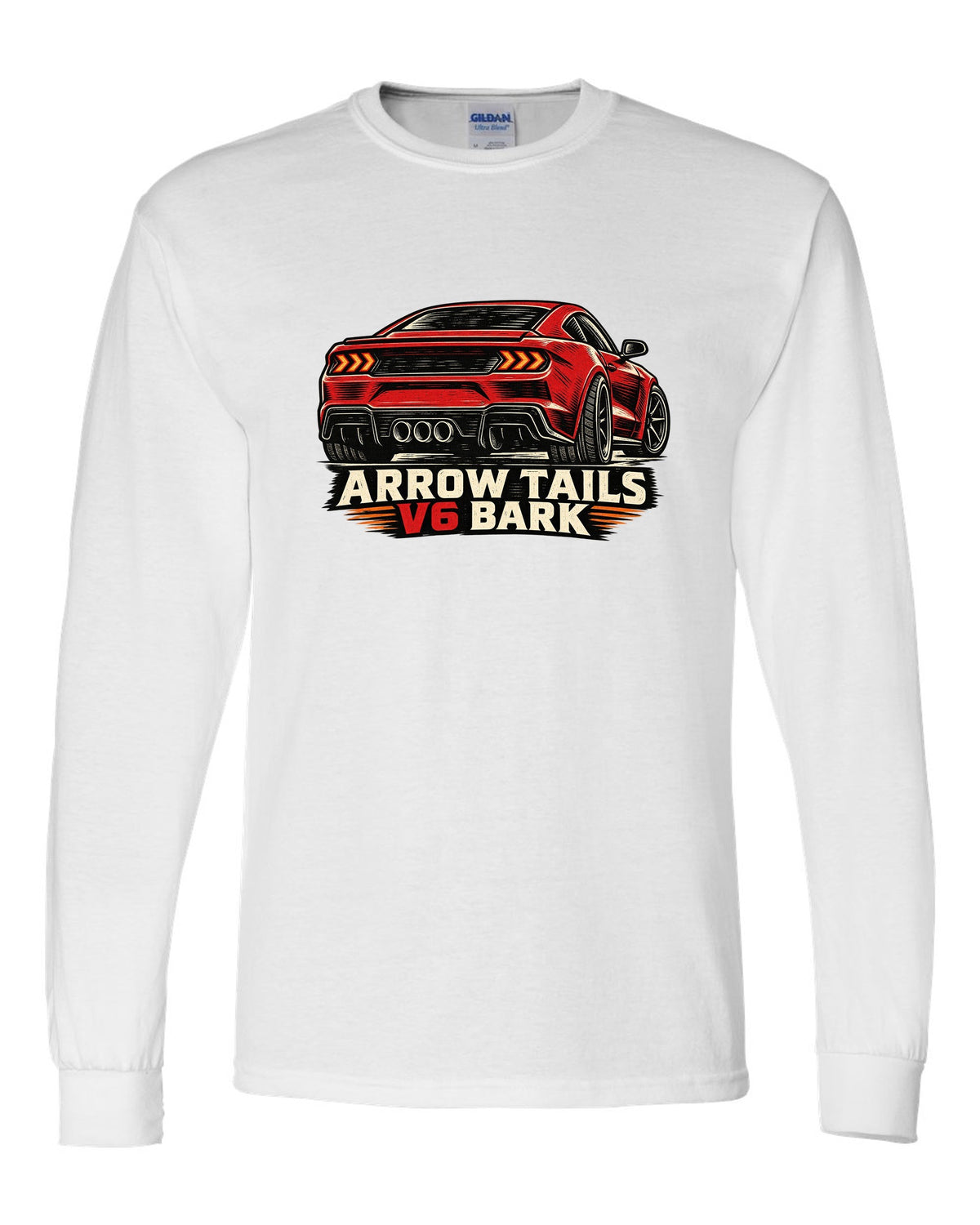 Linocut woodcut print of a Hyundai Genesis Coupe BK2 rear with arrow tails V6 bark text white long sleeve front view with the design