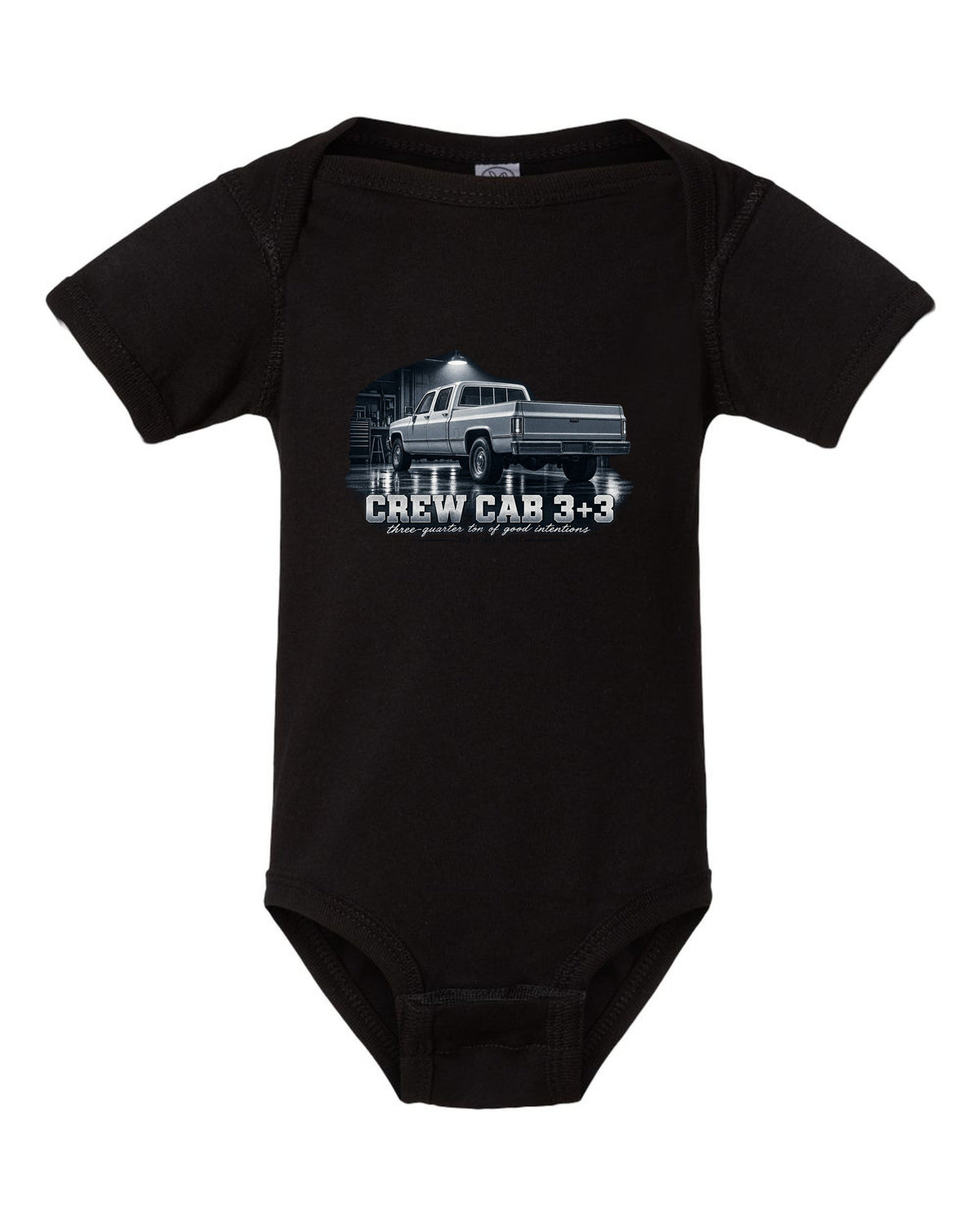 1985 C20 Squarebody crew cab in a garage night scene, print black baby onesie front view with the design