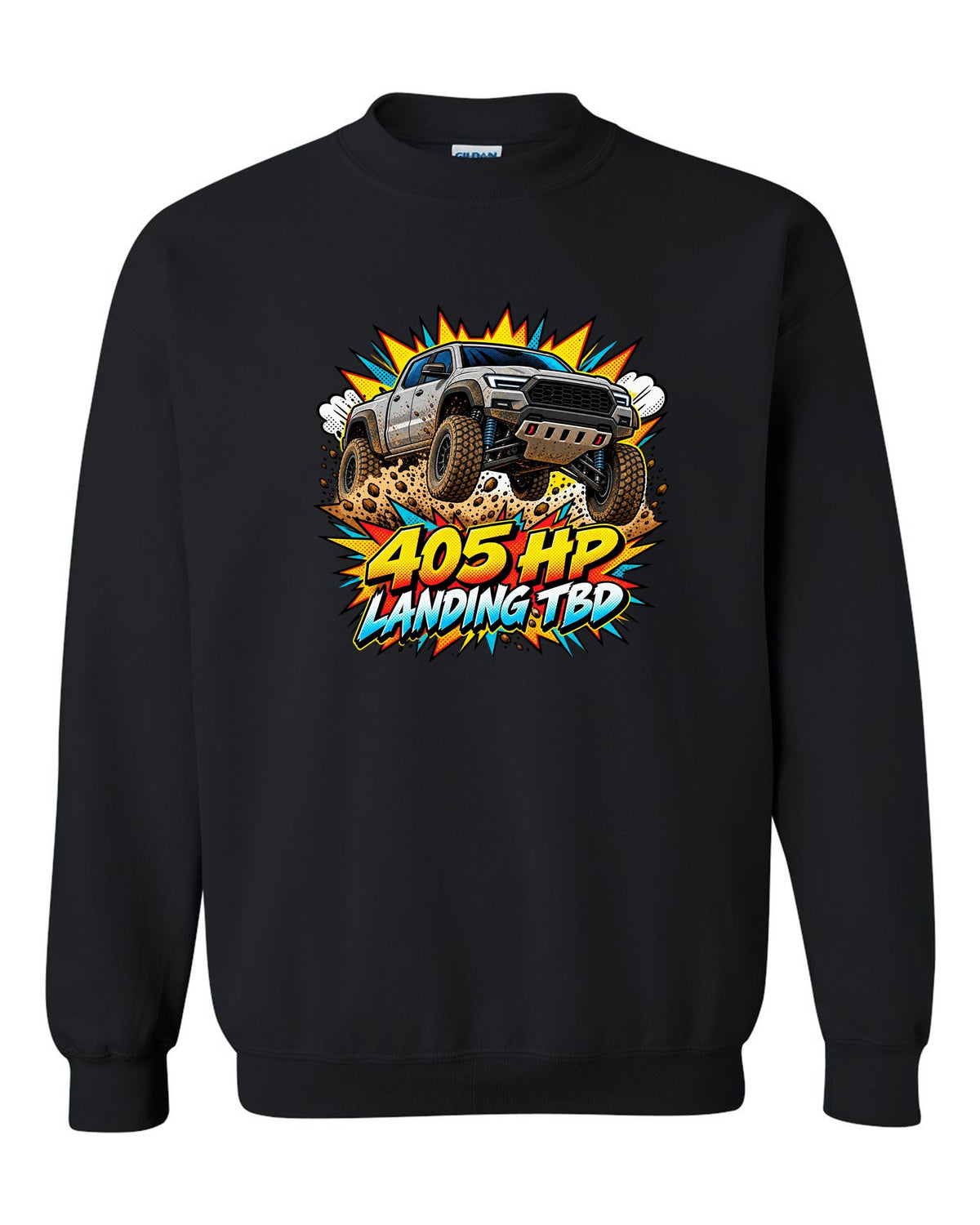 Ford Ranger Raptor P703 mid-jump in a comic pop-art burst print black crewneck front view with the design