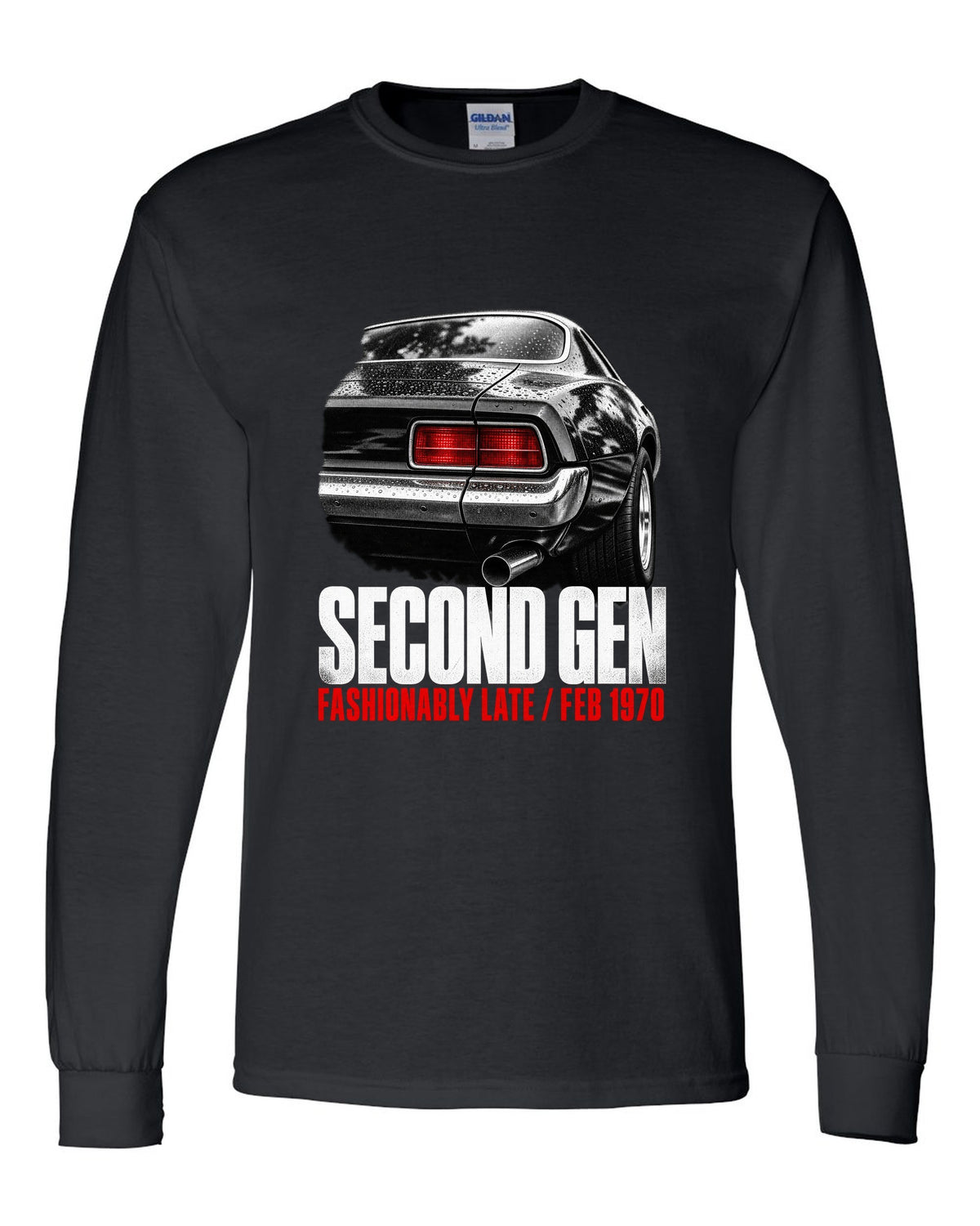 Taillight macro print of a 1970 second-gen Chevrolet Camaro split bumper with Feb 1970 caption black long sleeve front view with the design