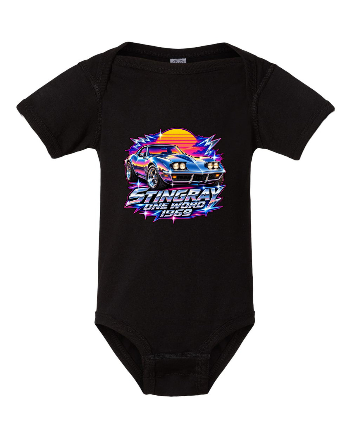 80s chrome airbrush print of a 1969 Chevrolet Corvette C3 Stingray with Stingray One Word 1969 text black baby onesie front view with the design
