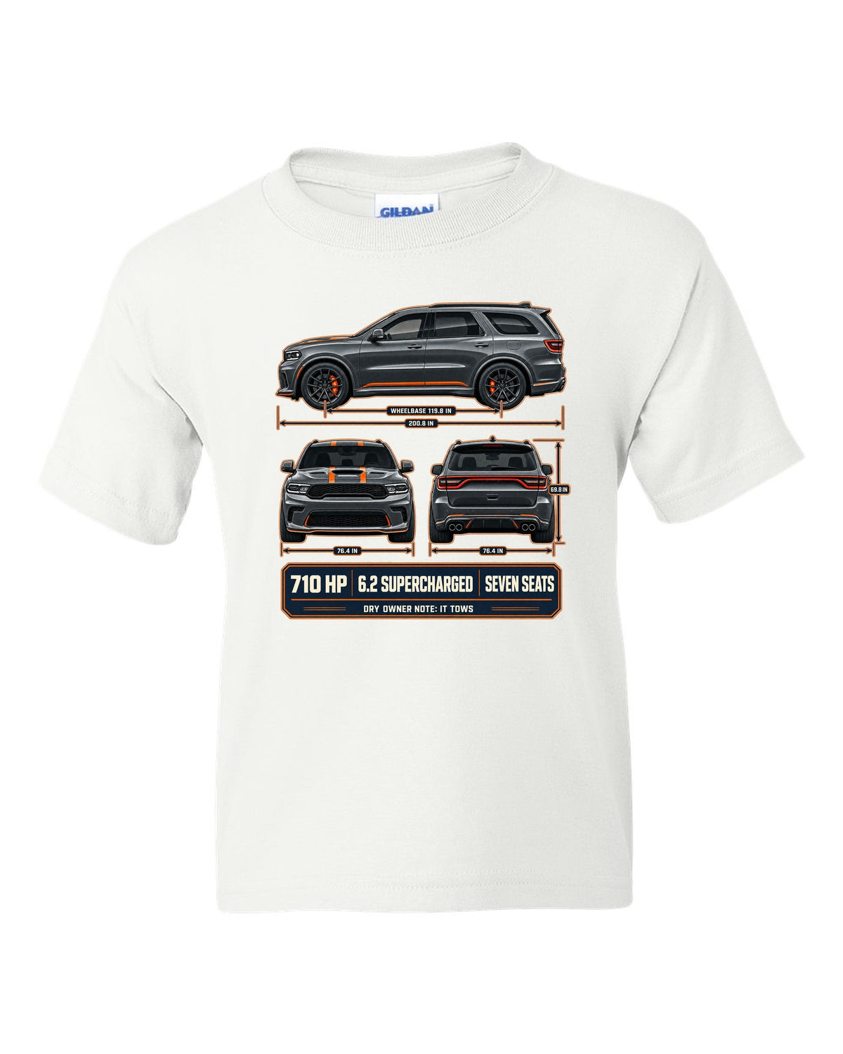 Dodge Durango SRT Hellcat 2021 three-view drawing with spec table print white kids tee front view with the design