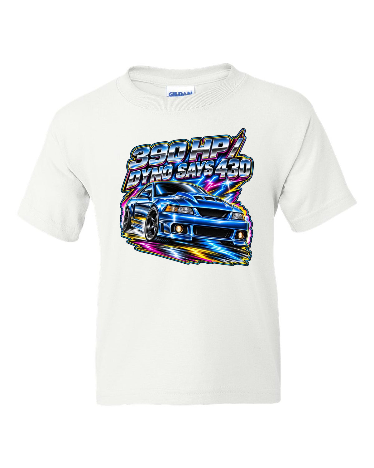 80s airbrush chrome 2003 supercharged Ford Mustang coupe with 390 HP text white kids tee front view with the design