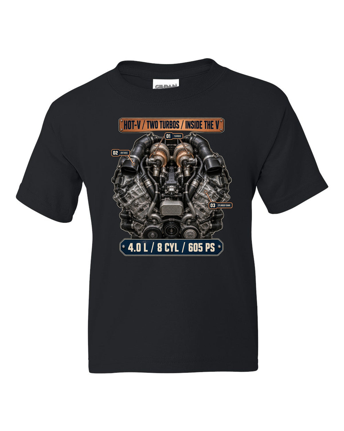 Audi RS7 4.0 TFSI engine bay hero print black kids tee front view with the design