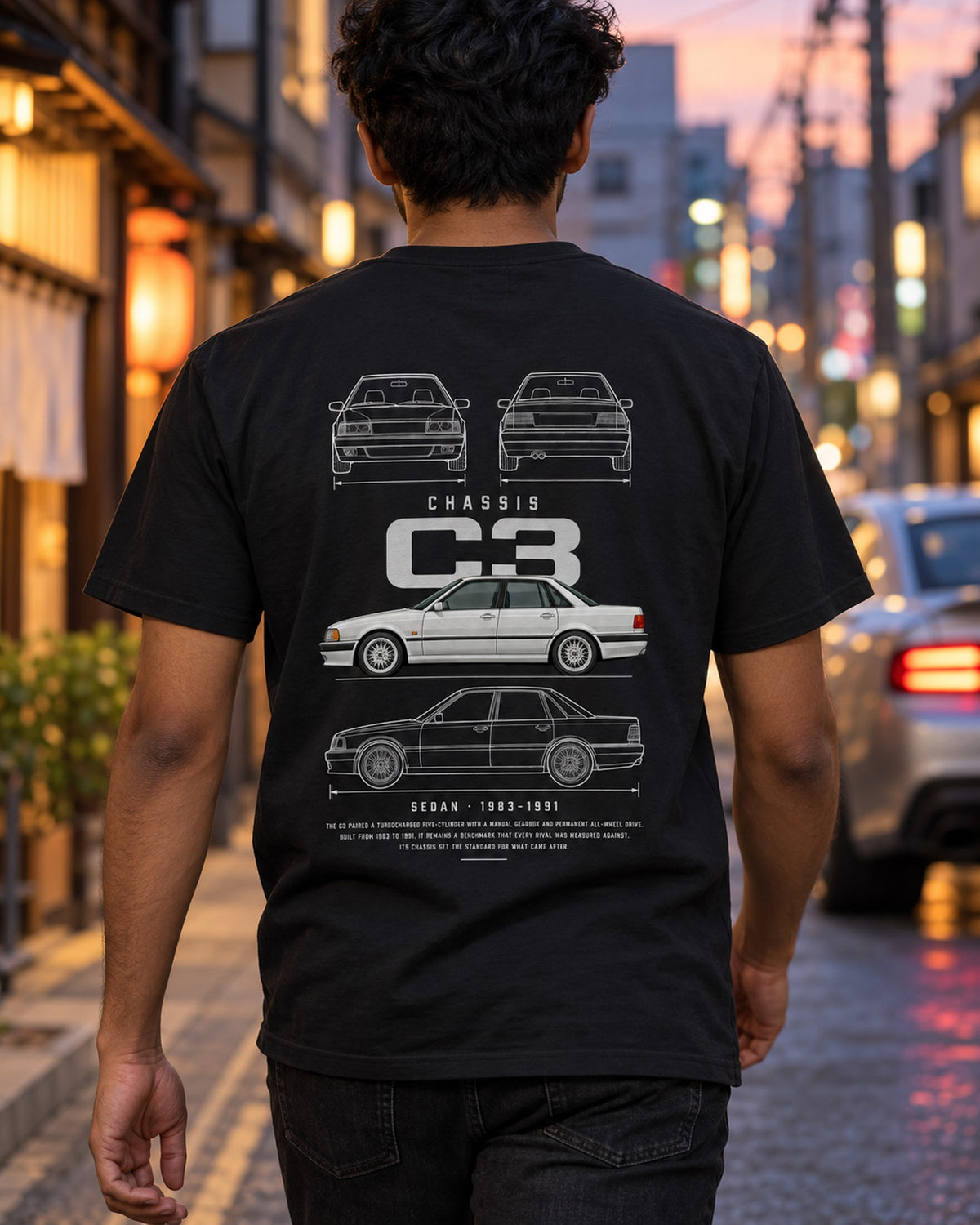 Audi 200 quattro sedan Blueprint Full-Back Graphic Tee, C3 Chassis Code T-Shirt Black worn hero