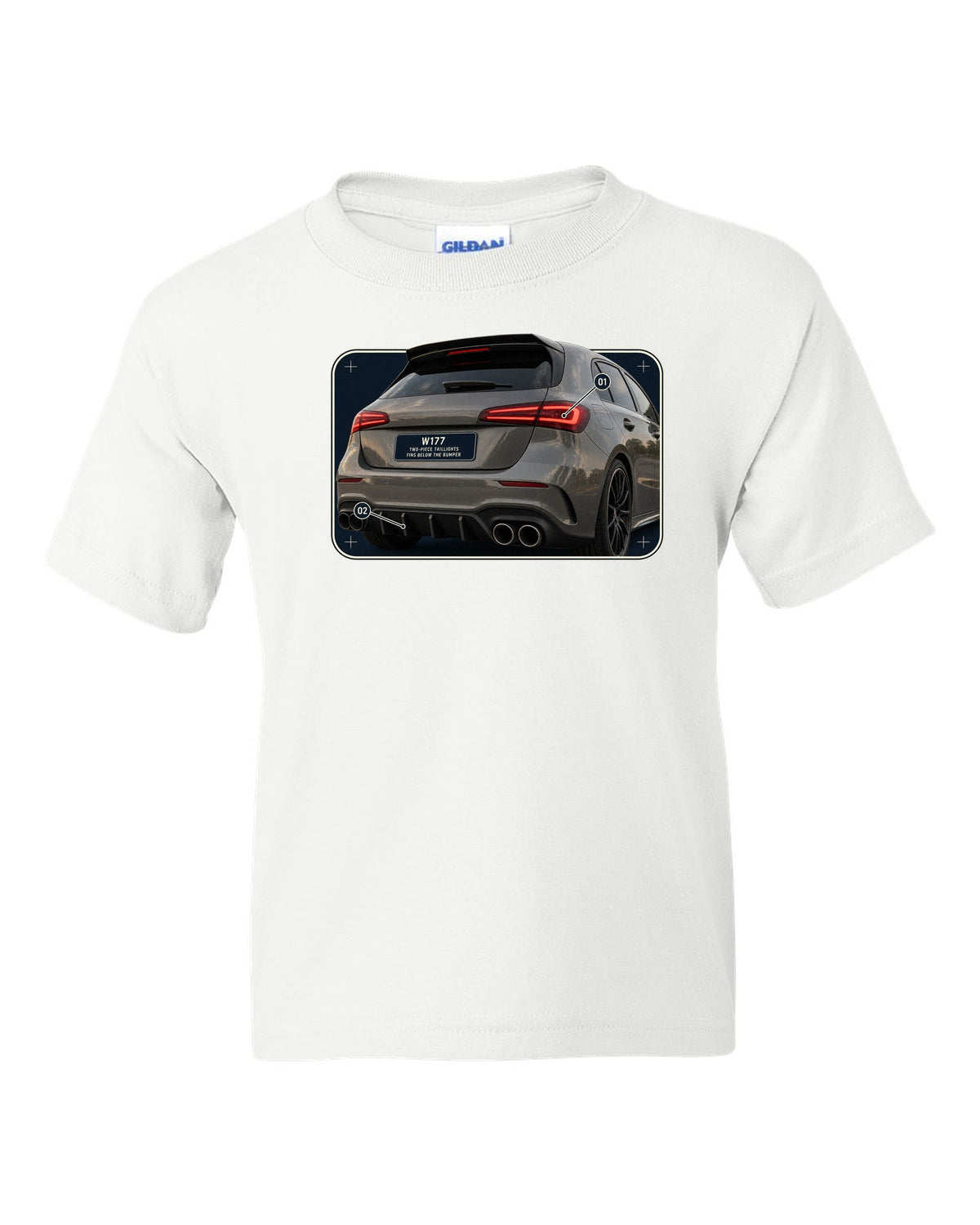 Mercedes-AMG A45 S W177 rear taillight macro detail print white kids tee front view with the design