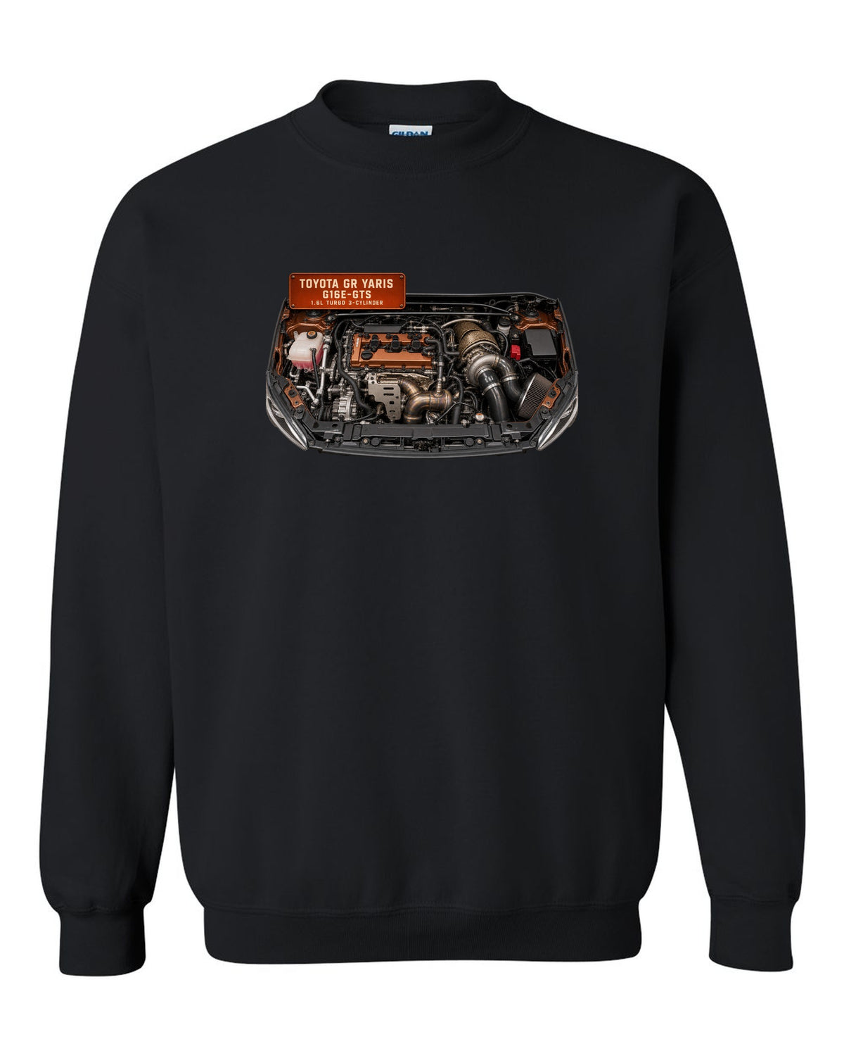 Toyota GR Yaris G16E-GTS three-cylinder turbo engine bay illustration black crewneck front view with the design