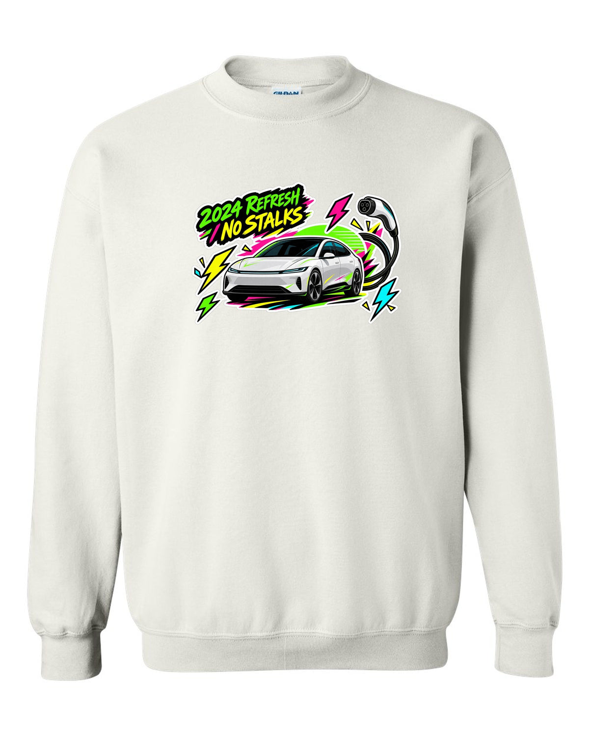 Sticker bomb collage print of a Tesla Model 3 Highland with the text 2024 Refresh No Stalks white crewneck front view with the design