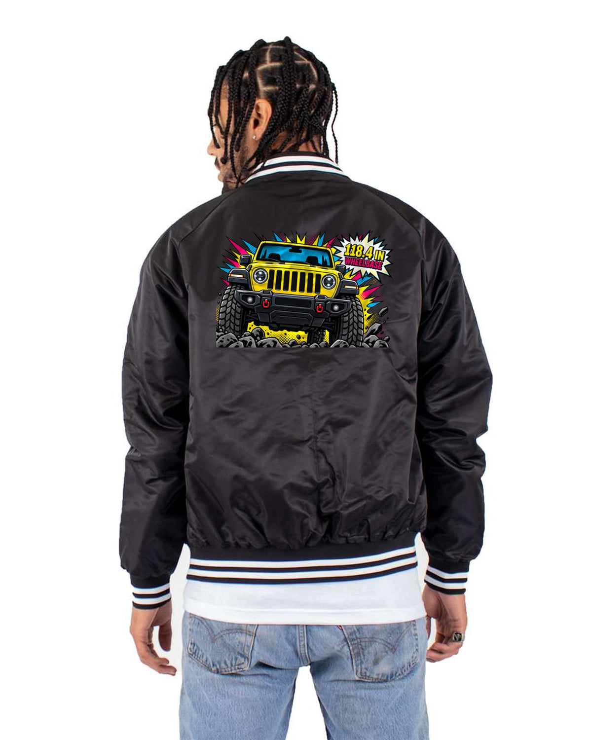 Jeep Wrangler JLU 118.4 Inch Wheelbase Pop Art Panel Tee Bomber Jacket Black back