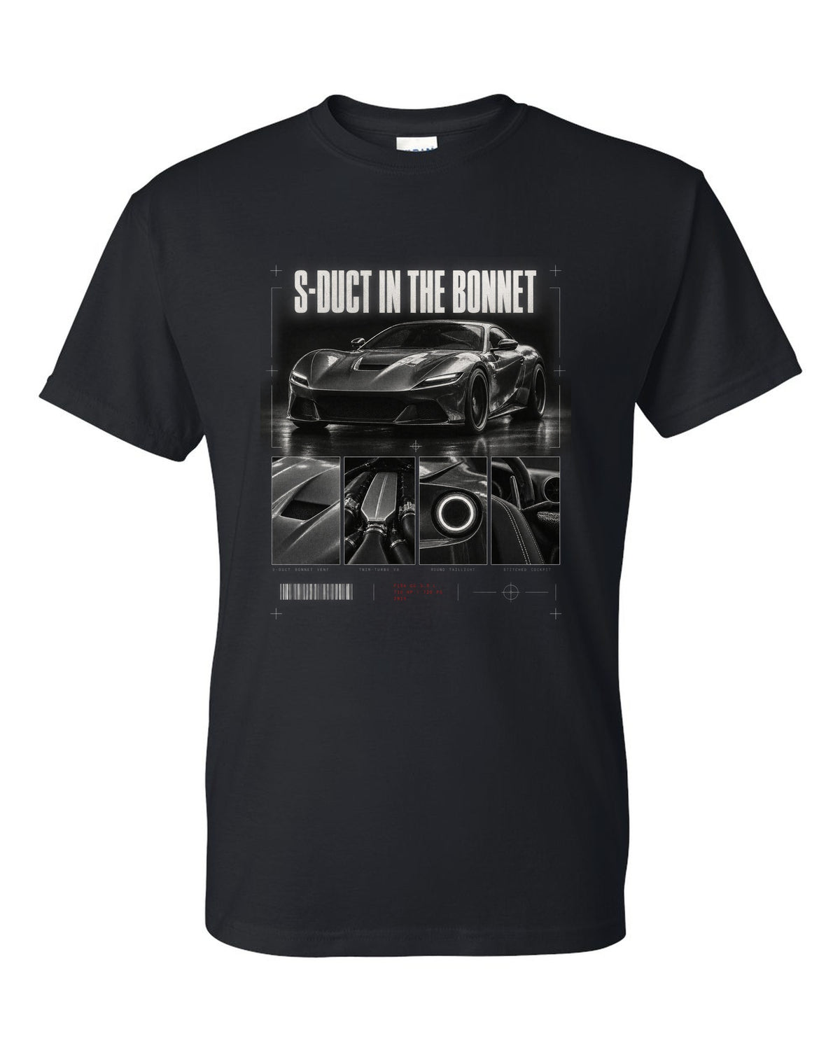 Dossier panel print of a Ferrari F8 Tributo with S-duct in the bonnet and 720 PS text black t-shirt front view with the design