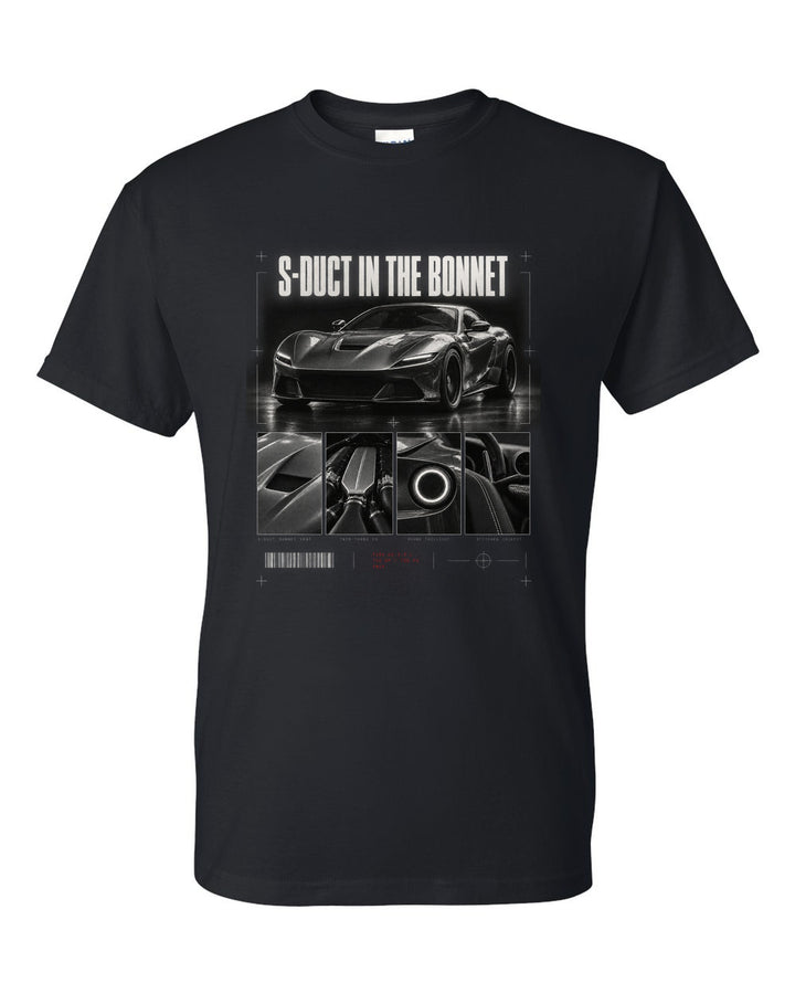 Dossier panel print of a Ferrari F8 Tributo with S-duct in the bonnet and 720 PS text black t-shirt front view with the design