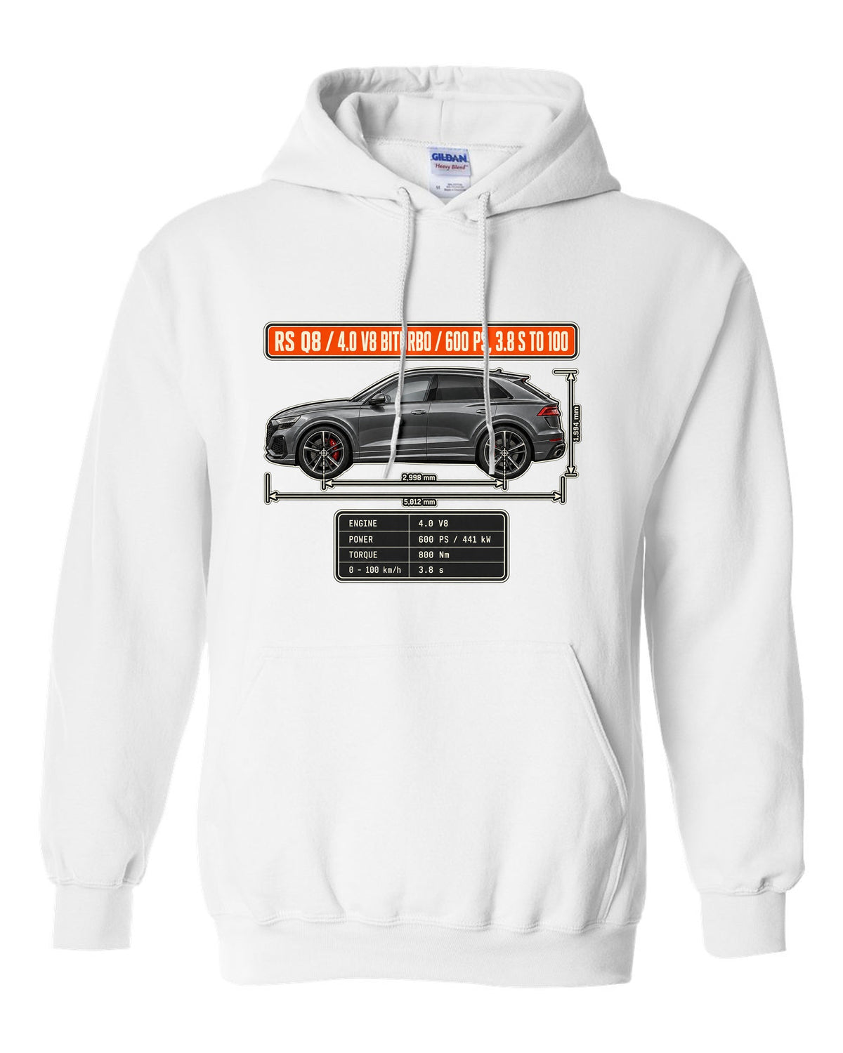 Audi RS Q8 dimension blueprint print with V8 biturbo specs white pull over hoodie front view with the design