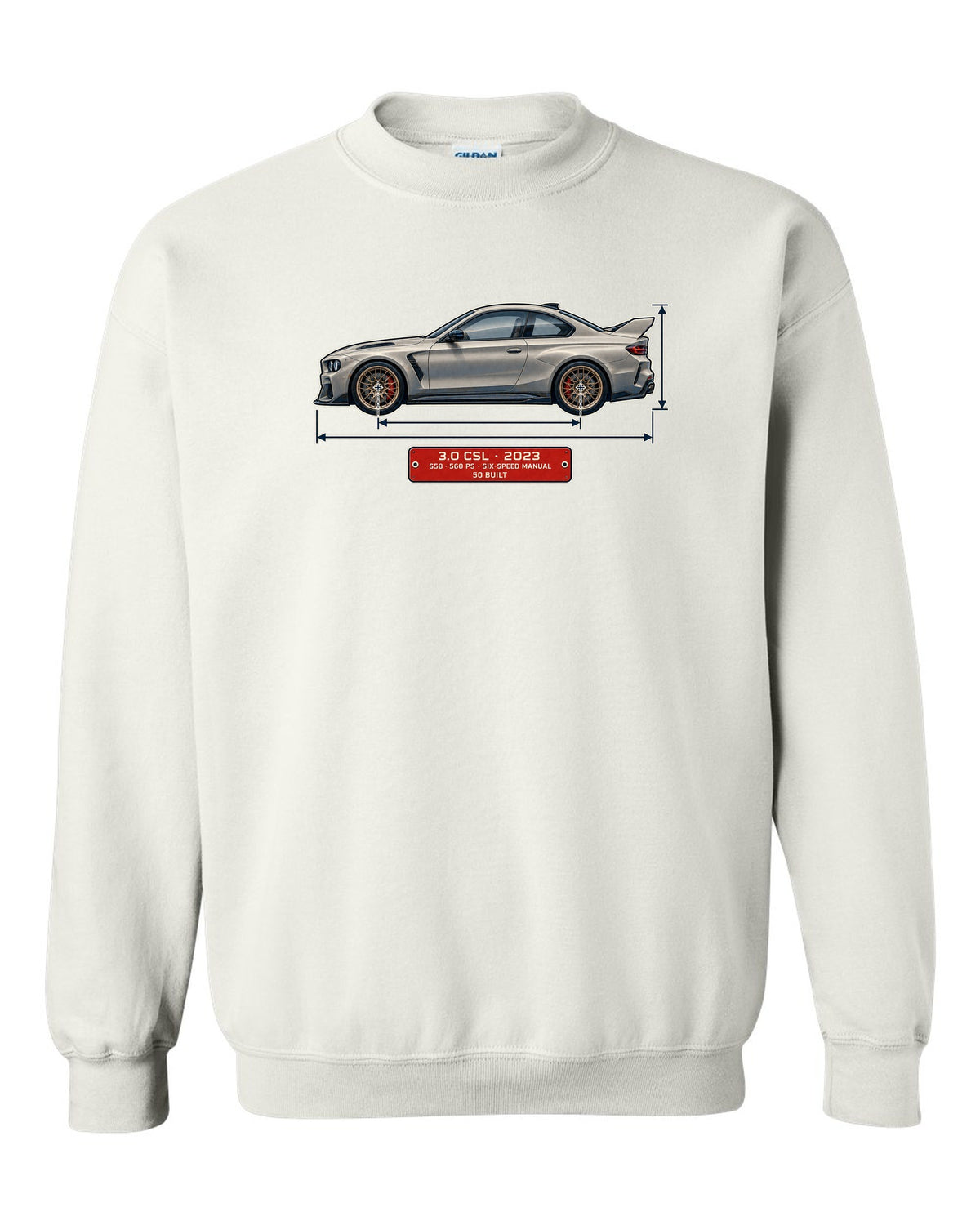 BMW 3.0 CSL 2023 dimension blueprint print white crewneck front view with the design