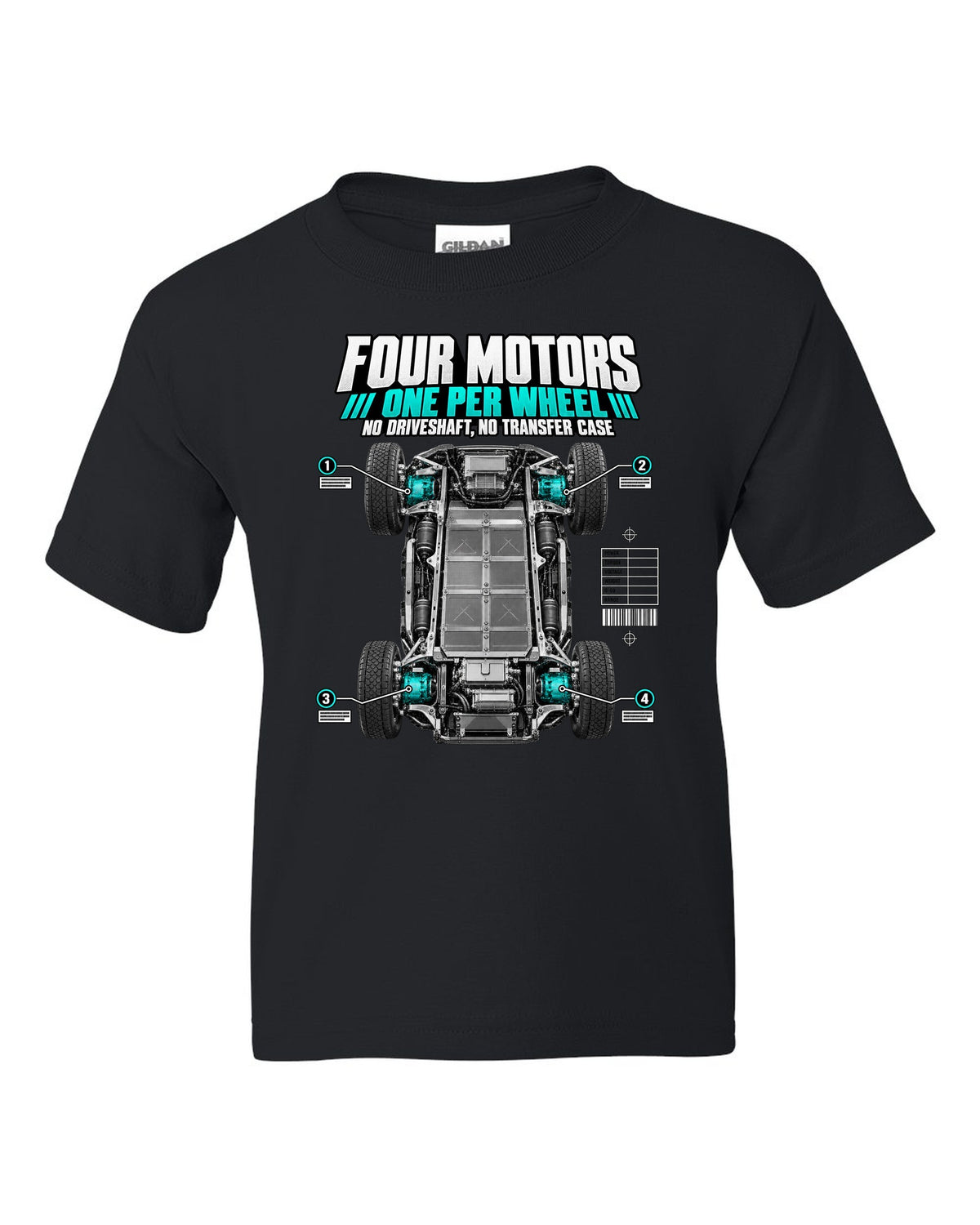 Rivian R1T Quad Motor 2022 layout with four motors, one per wheel, no driveshaft and no transfer case black kids tee front view with the design