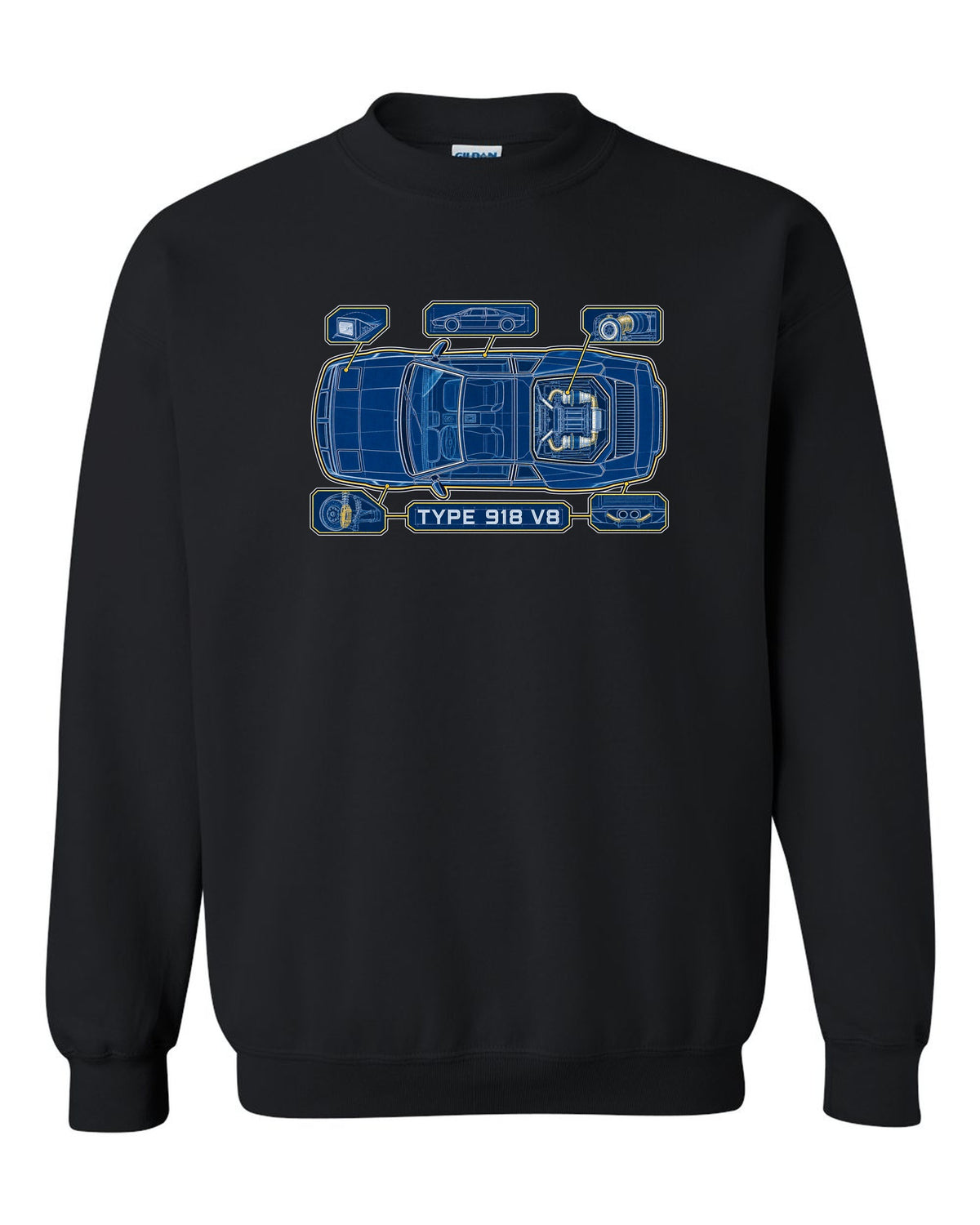Lotus Esprit V8 cyanotype blueprint with TYPE 918 V8 lettering black crewneck front view with the design