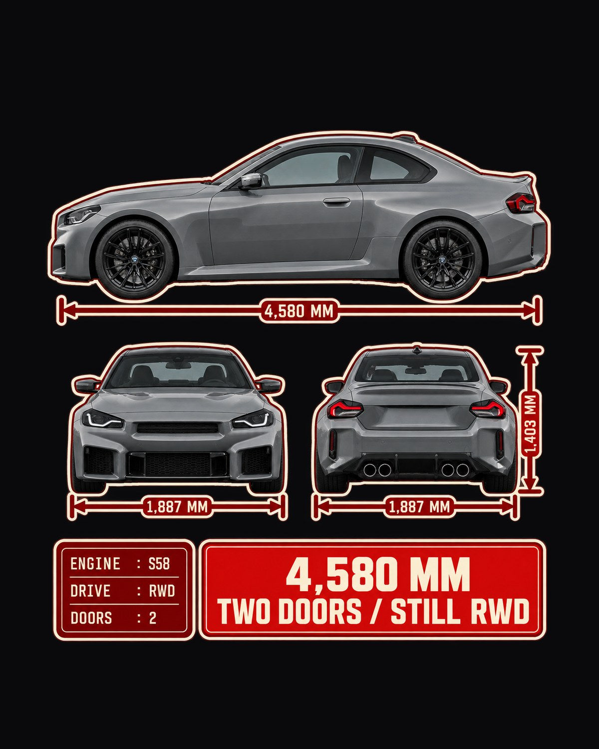 BMW M2 G87 Three-View Spec Tee, 4,580 mm Rear-Drive Car Shirt design only