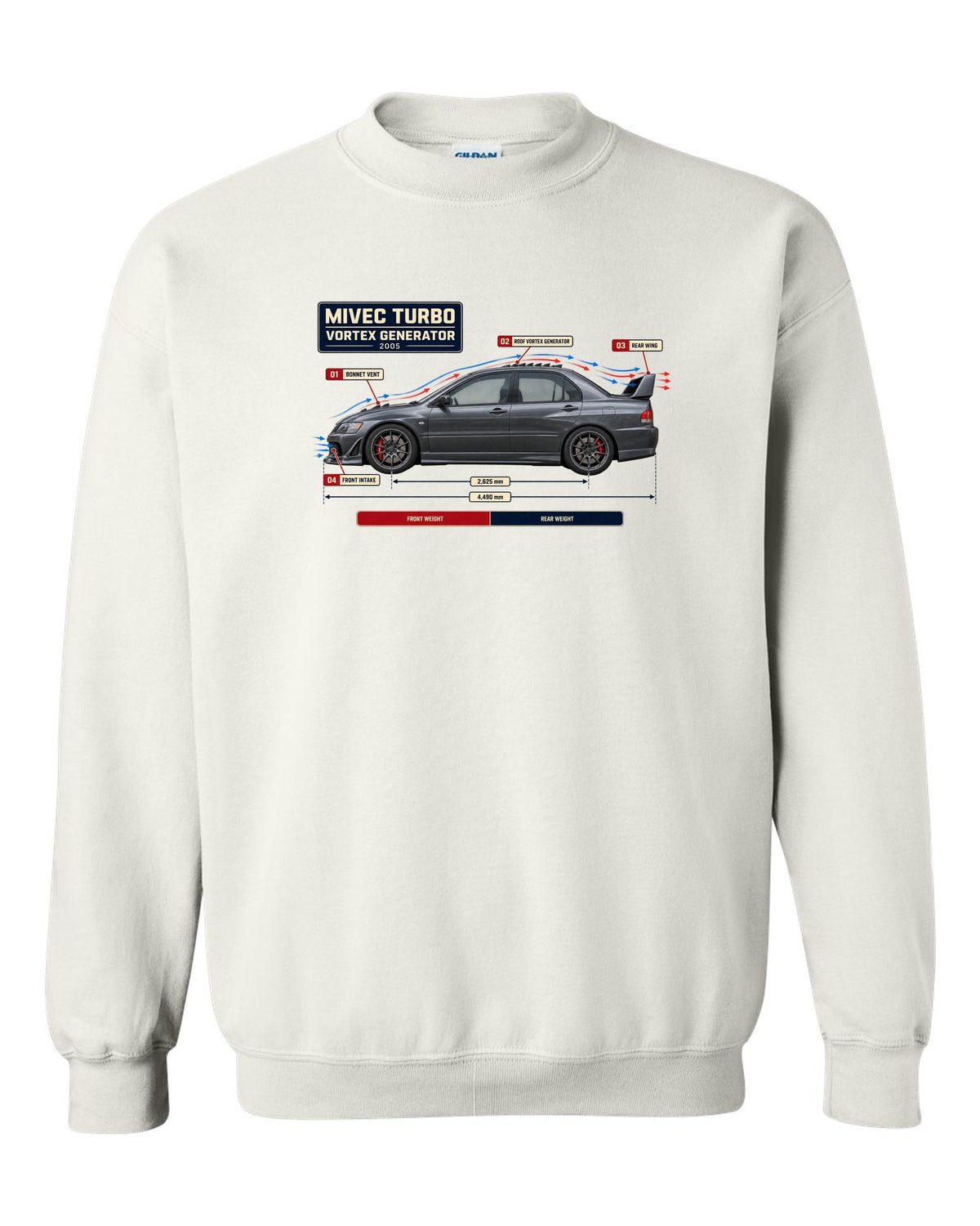Lancer Evolution IX Aero Callout Diagram Tee, MIVEC Turbo white crewneck front view with the design