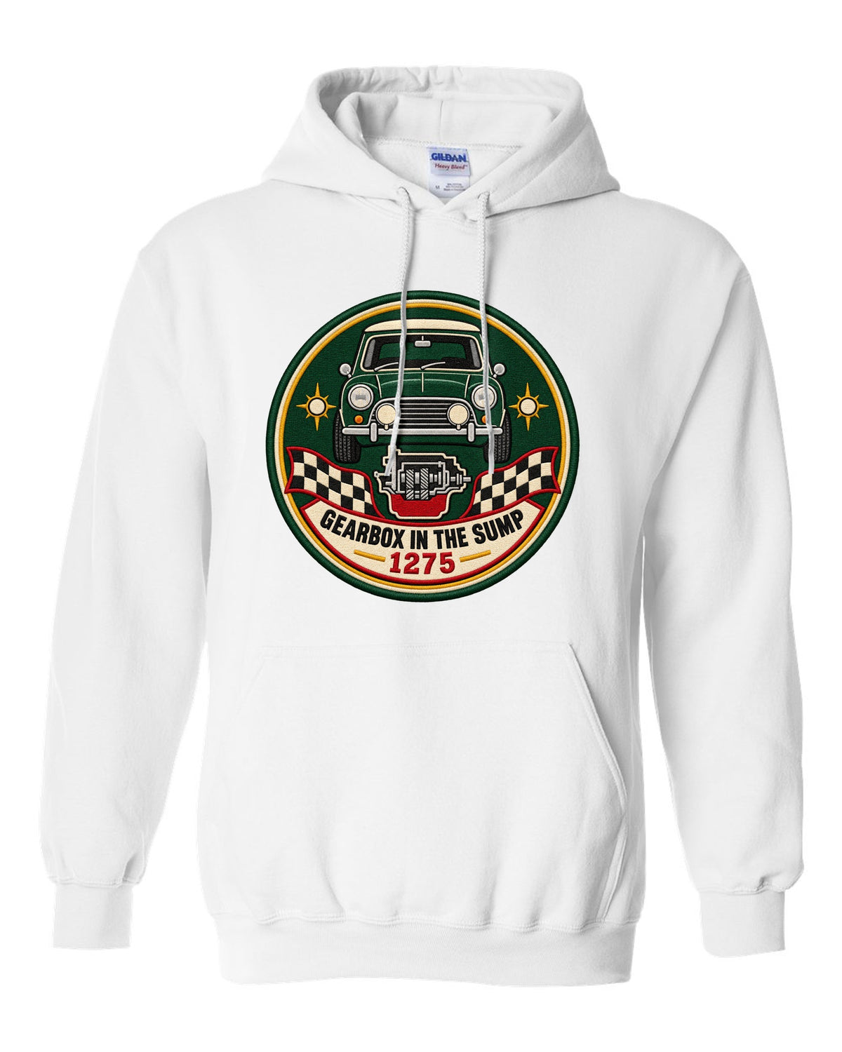 Round crest for the classic Mini Cooper S ADO15 with gearbox in the sump lettering white pull over hoodie front view with the design