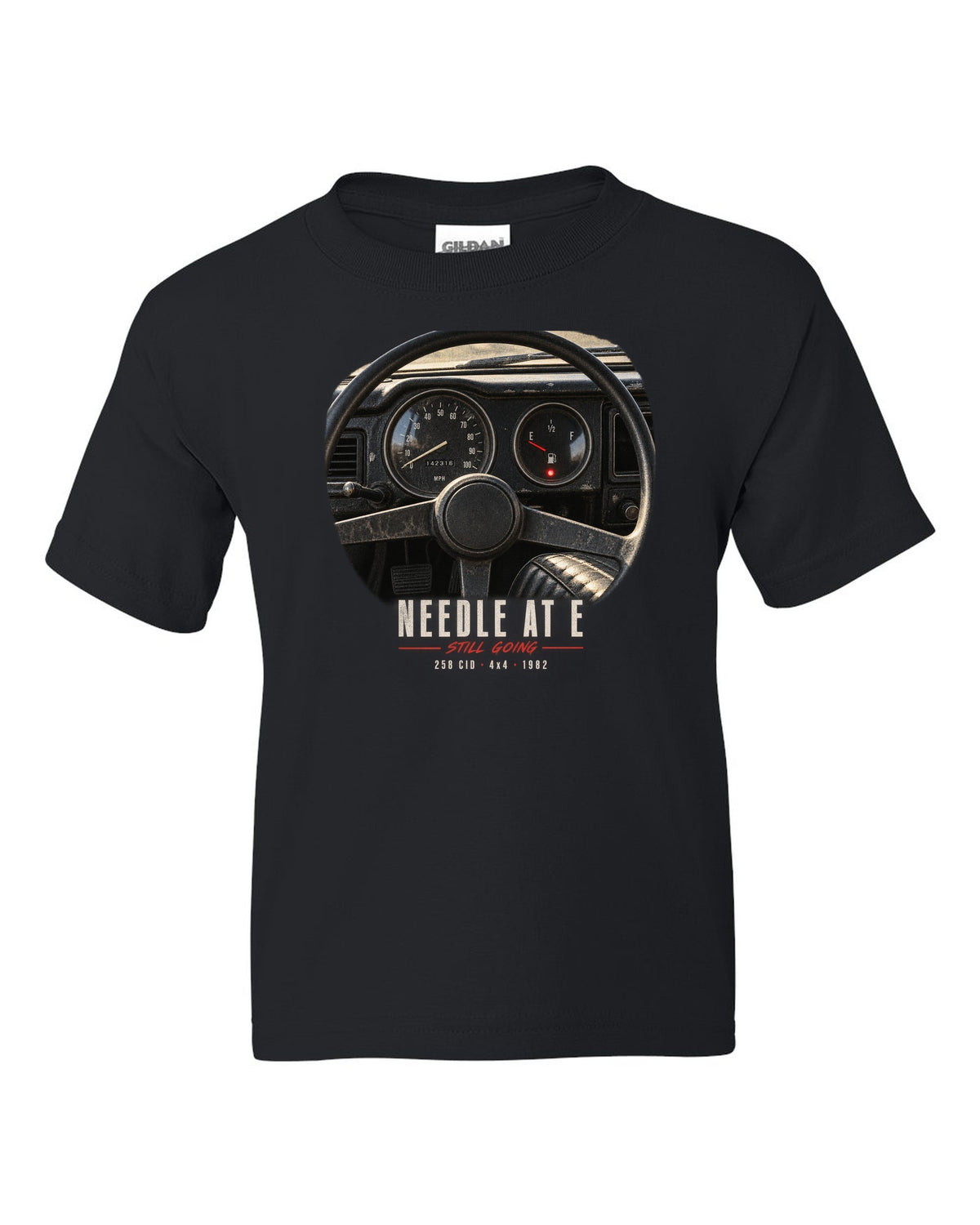 Gauge cockpit print for the Jeep CJ-7, Needle At E Still Going black kids tee front view with the design