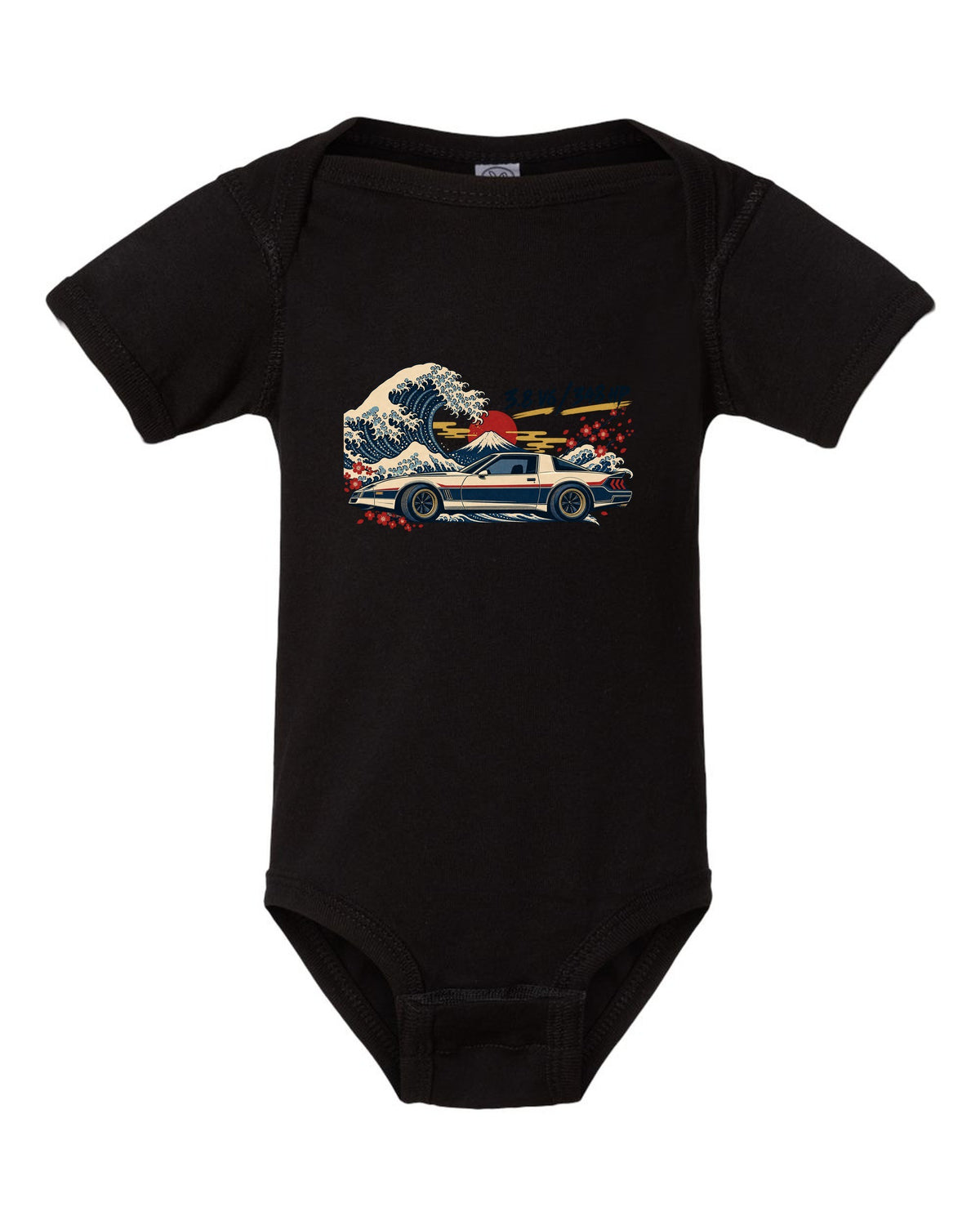 Ukiyo-e woodblock print of a Hyundai Genesis Coupe BK2 with 3.8 V6 348 HP text black baby onesie front view with the design