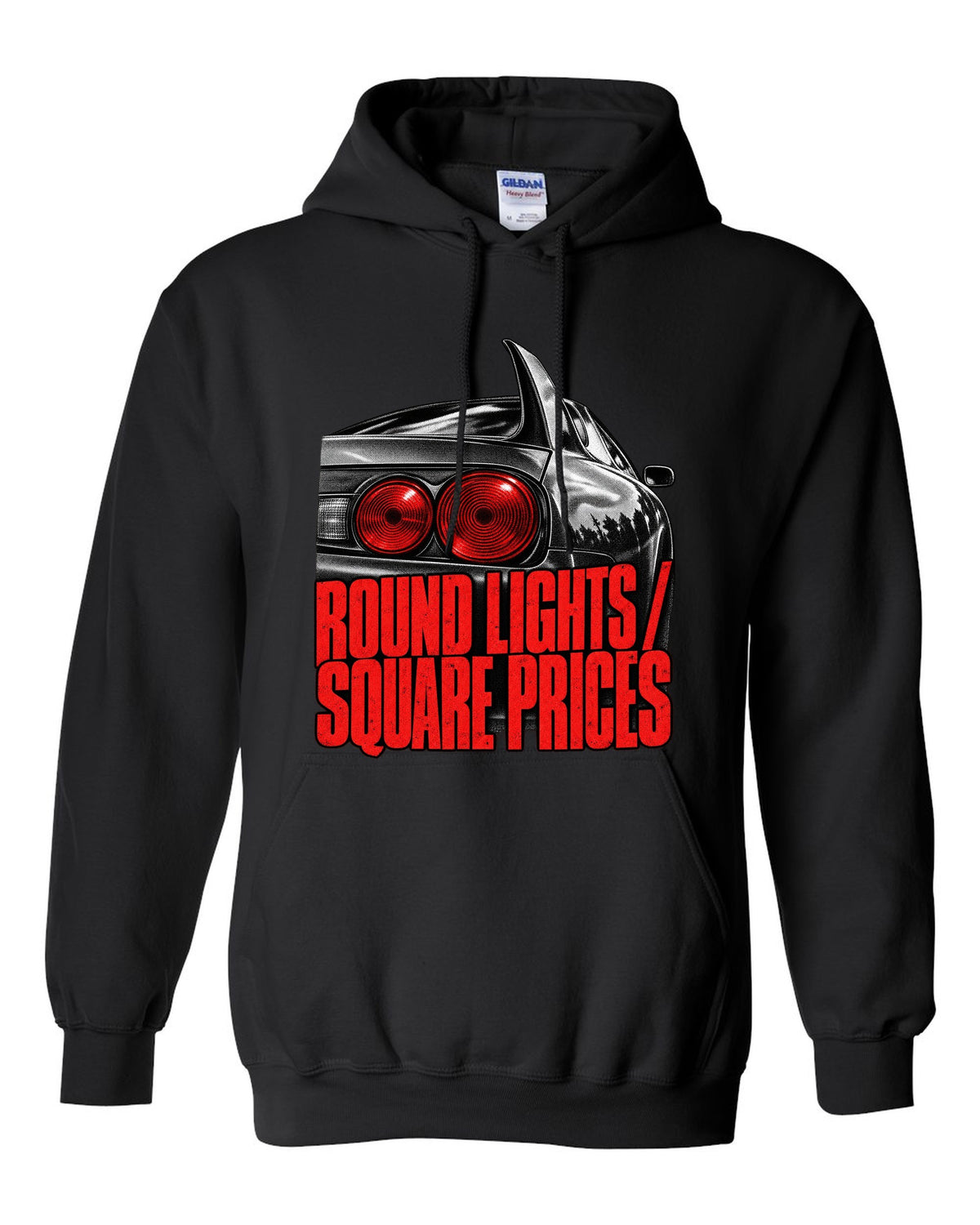 print of a Toyota Supra A80 JZA80 round taillight close-up with the text Round Lights Square Prices black pull over hoodie front view with the design