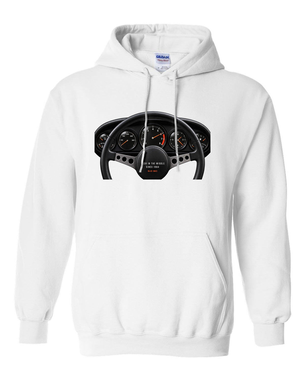 Cockpit gauge print of a Porsche 911 SC Targa with centre tachometer and the line Tach In The Middle Since 1964 white pull over hoodie front view with the design