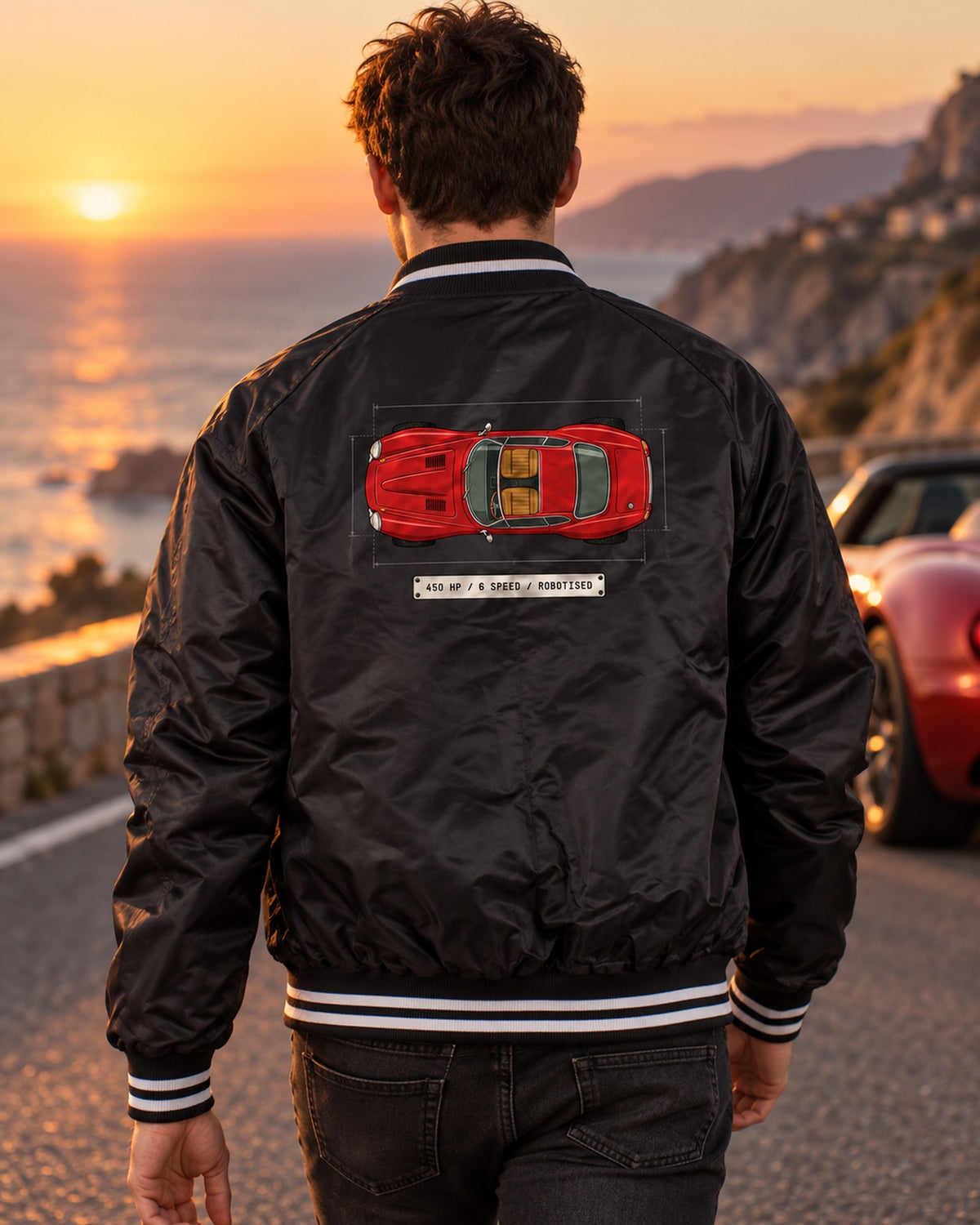 Alfa Romeo 8C Competizione Spec Sheet Tee, Robotised Gearbox Bomber Jacket Black worn hero