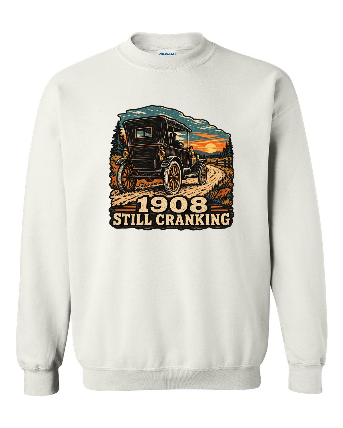 Multi-colour woodcut illustration of a Ford Model T Tin Lizzie with 1908 still cranking text white crewneck front view with the design