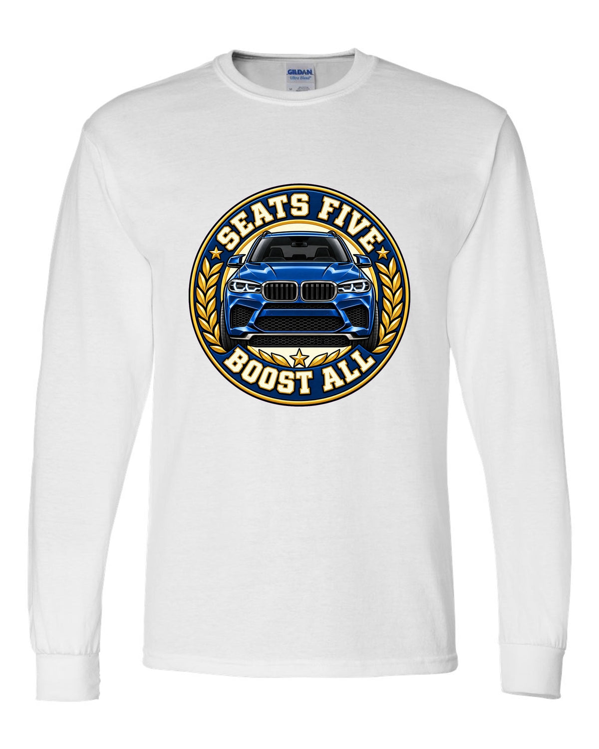 Embroidery-style varsity crest print for the BMW X5 M F85 white long sleeve front view with the design