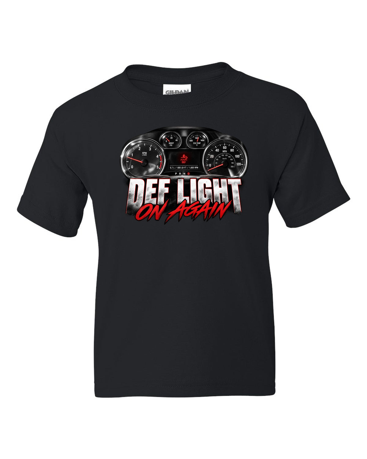Gauge cluster crop of a 2013 Ram 2500 4th gen 6.7 with the text DEF light, on again black kids tee front view with the design