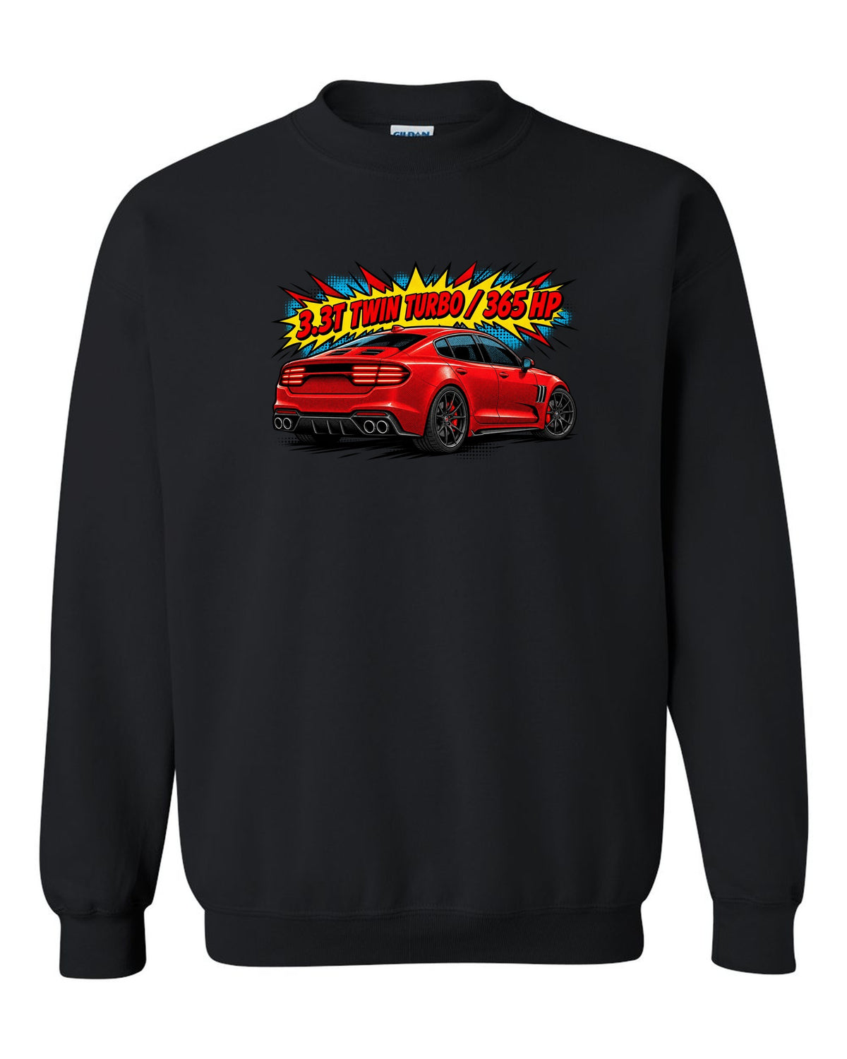 Comic halftone print of a Kia Stinger GT CK rear with 3.3T twin turbo 365 HP text black crewneck front view with the design