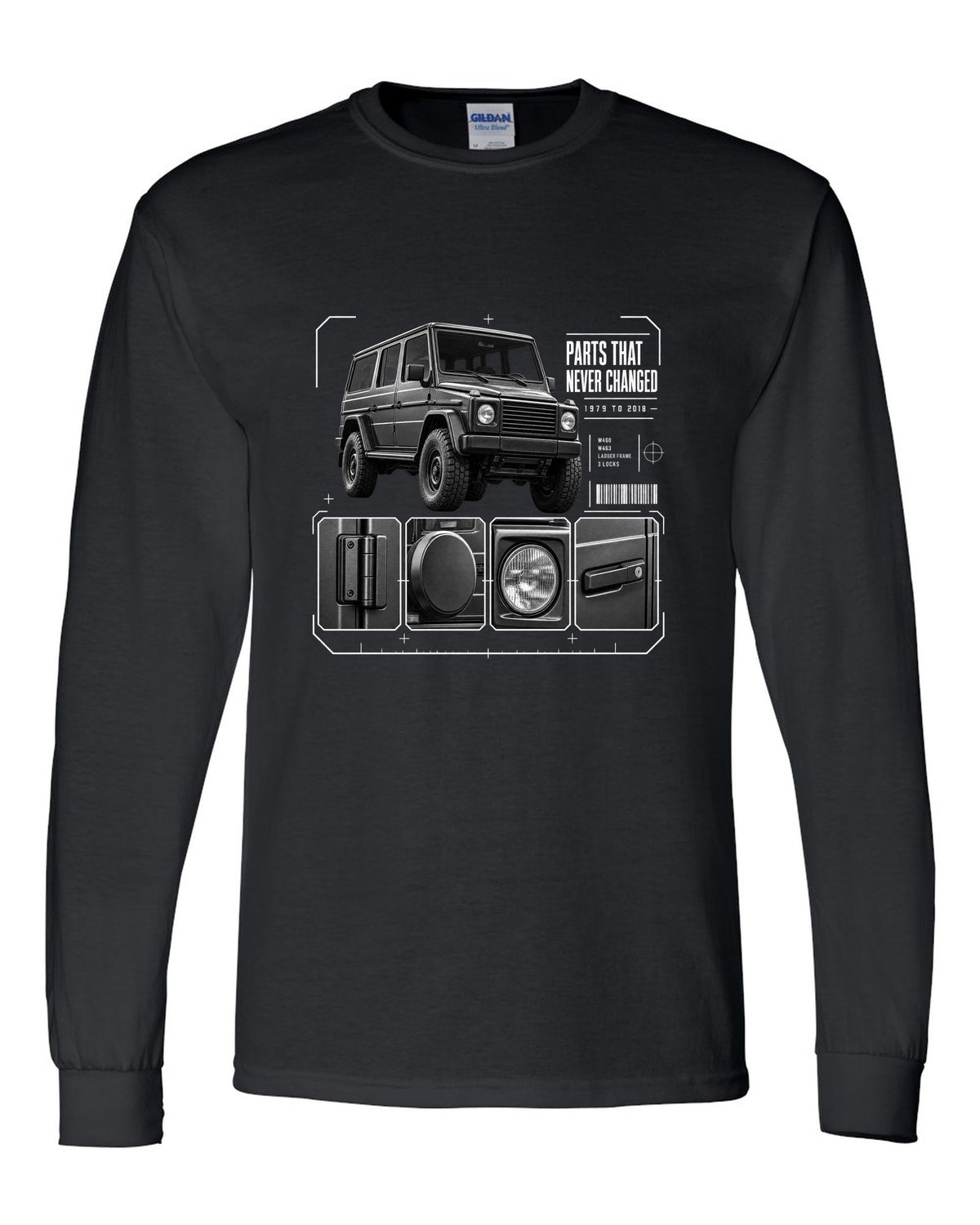 Three-panel dossier print of a Mercedes G-Class W463 with Parts T Never Changed lettering black long sleeve front view with the design