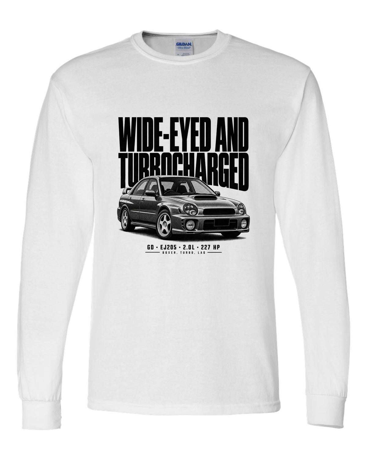 Halftone Subaru Impreza WRX GD Bugeye saloon with wide-eyed and turbocharged text white long sleeve front view with the design