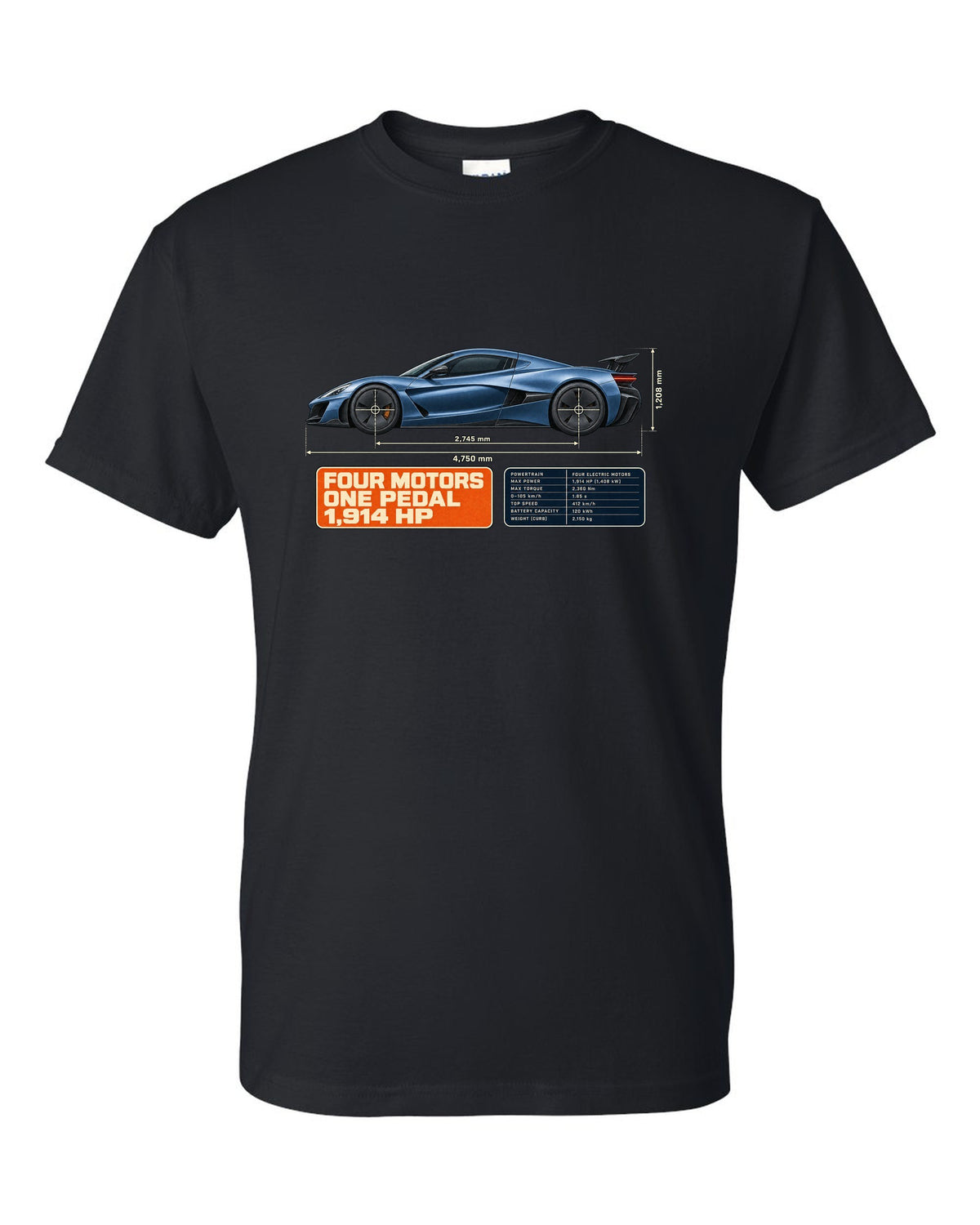 Rimac Nevera 2021 dimension blueprint print with four motors one pedal 1,914 hp text black t-shirt front view with the design