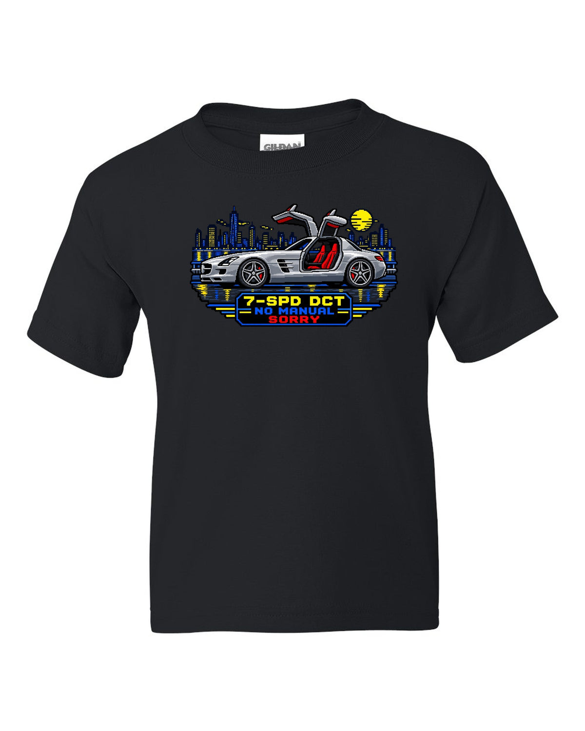 16-bit pixel art Mercedes SLS AMG C197 gullwing with 7-SPD DCT No Manual Sorry text black kids tee front view with the design