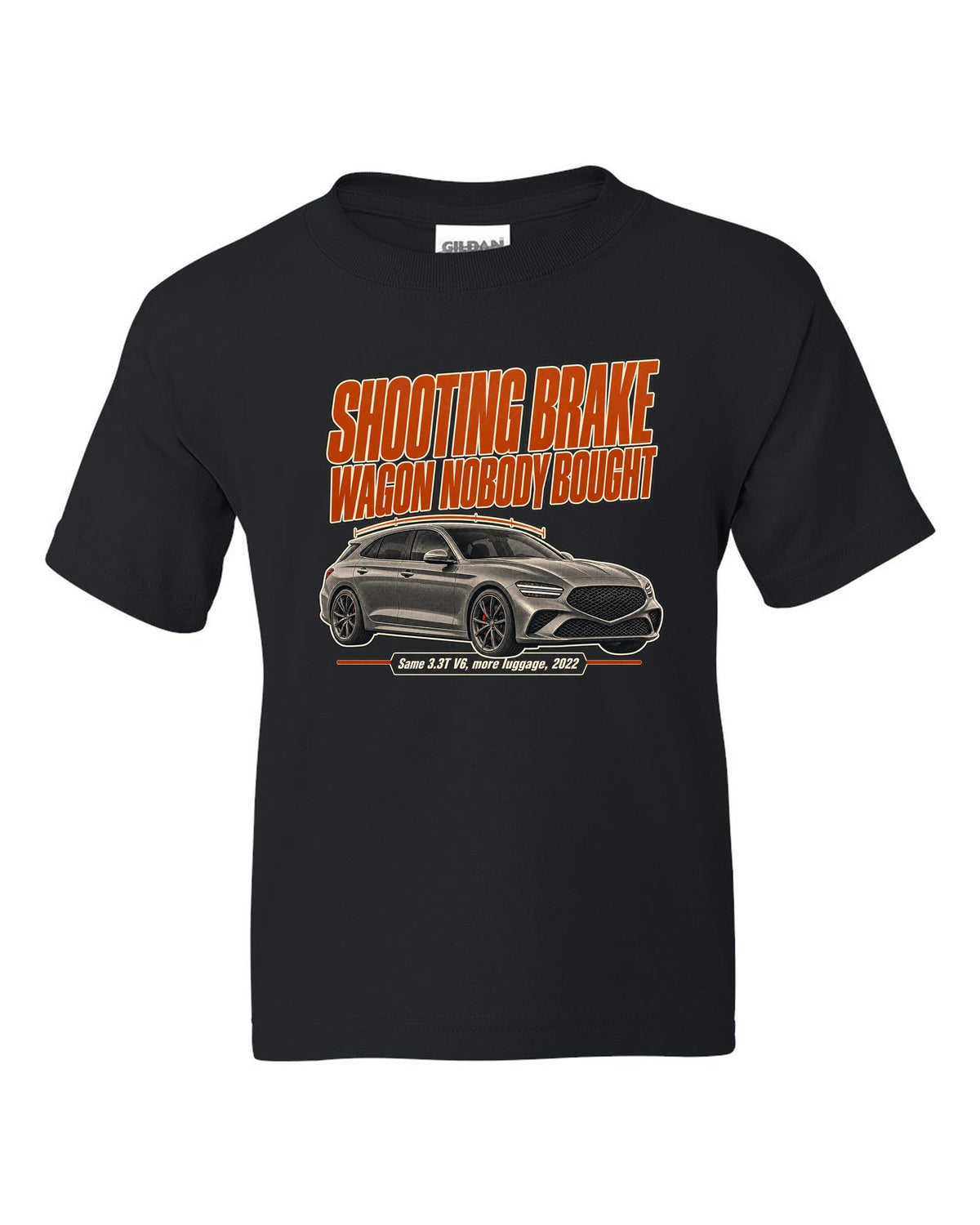 Editorial headline print for the Genesis G70 Shooting Brake reading wagon nobody bought black kids tee front view with the design