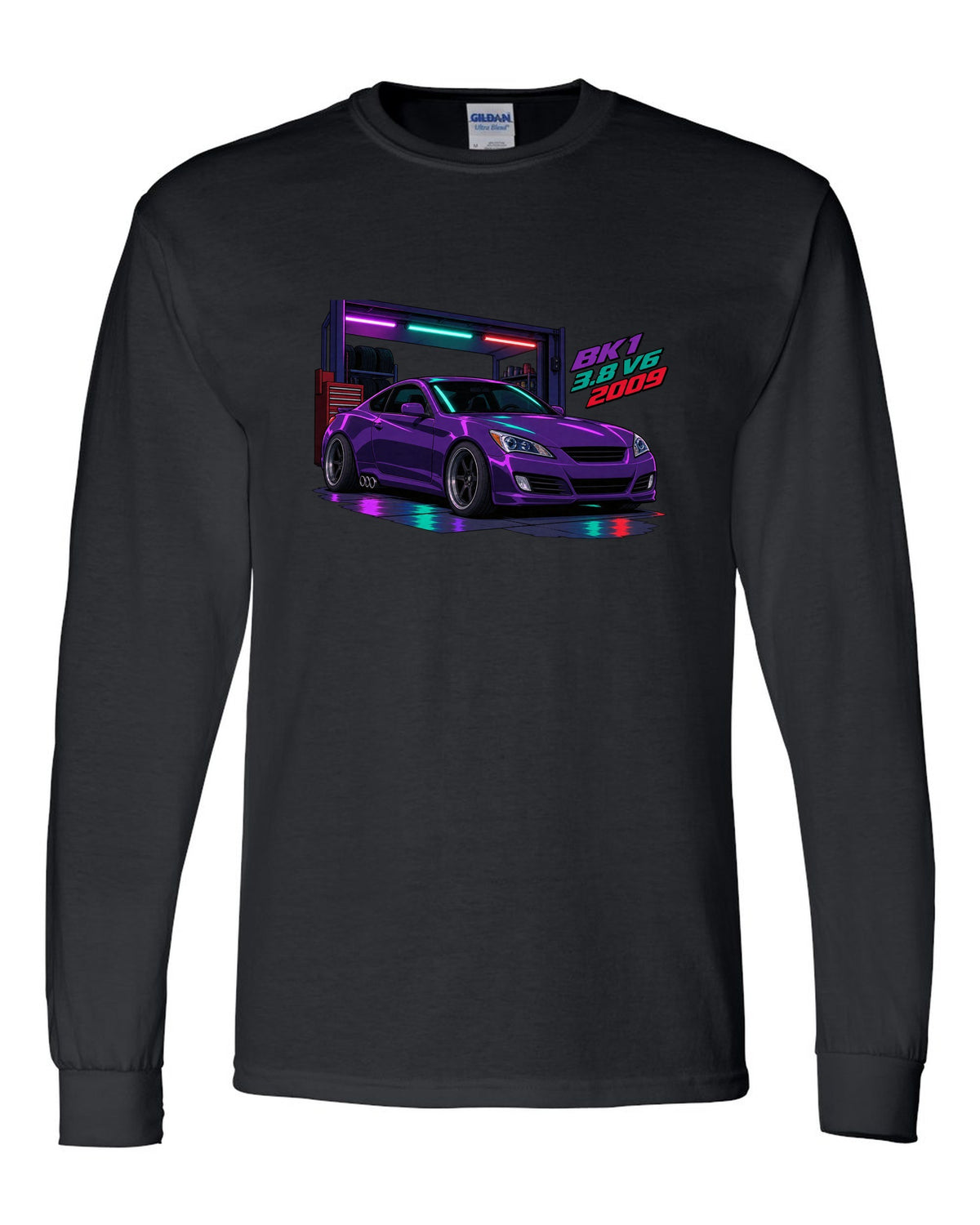 Cel-shaded anime print of a Hyundai Genesis Coupe BK1 in a garage with 3.8 V6 2009 text black long sleeve front view with the design