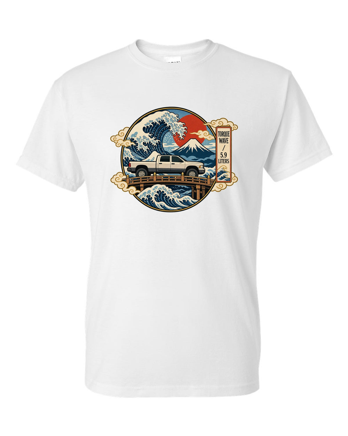 Ukiyo-e woodblock style print of a 2003-2009 Dodge Ram 2500 Cummins with torque wave 5.9 liters text white t-shirt front view with the design