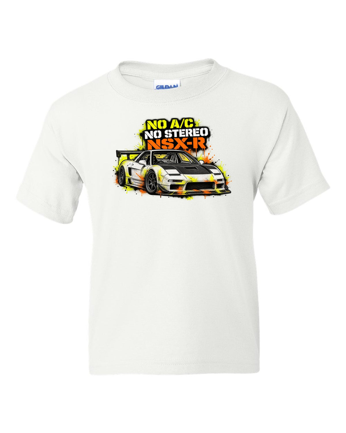 Risograph spot-colour print of a 1988 Honda CRX EF8 with B16A 950 KG Two Seats Only lettering white kids tee front view with the design