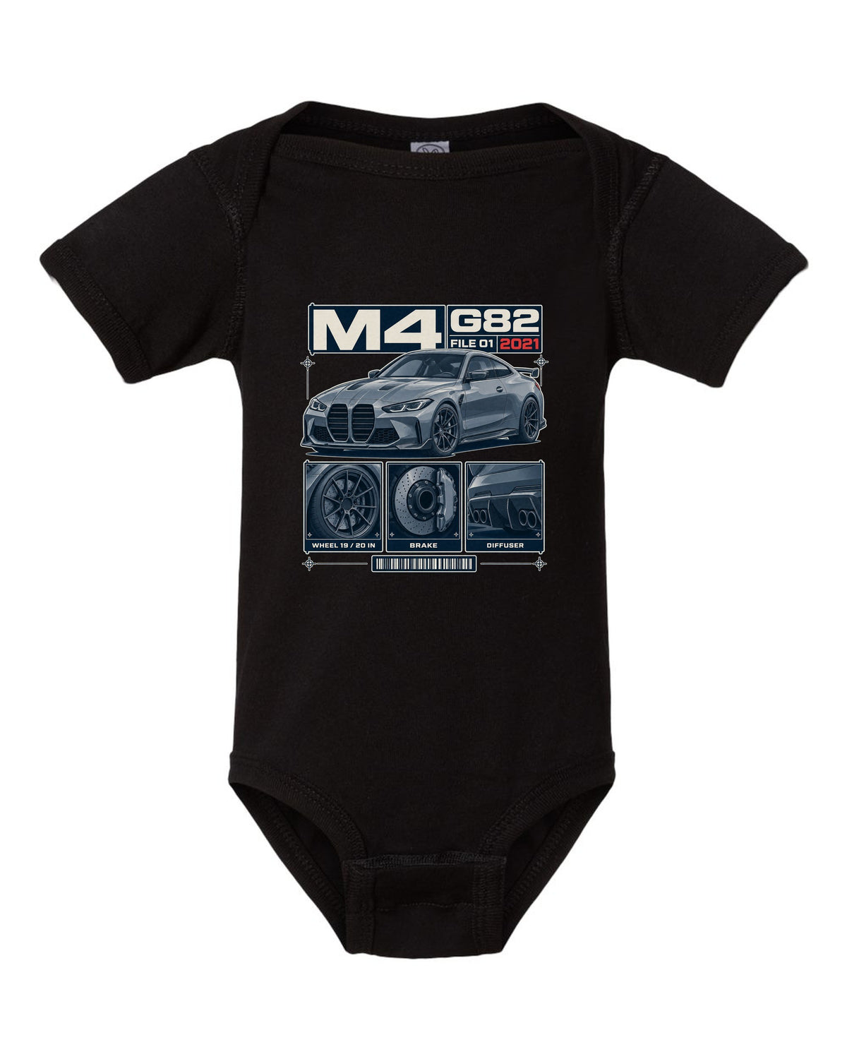 BMW M3 G80 dossier panels print with wheel, brake and diffuser details black baby onesie front view with the design