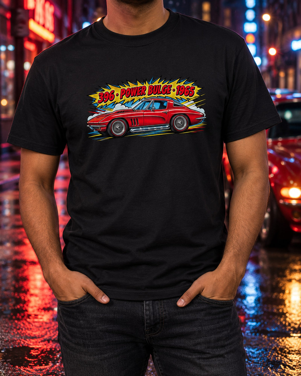 1965 Corvette C2 Sting Ray Side Pipe Comic Shirt, 396 Power Bulge T-Shirt Black worn hero